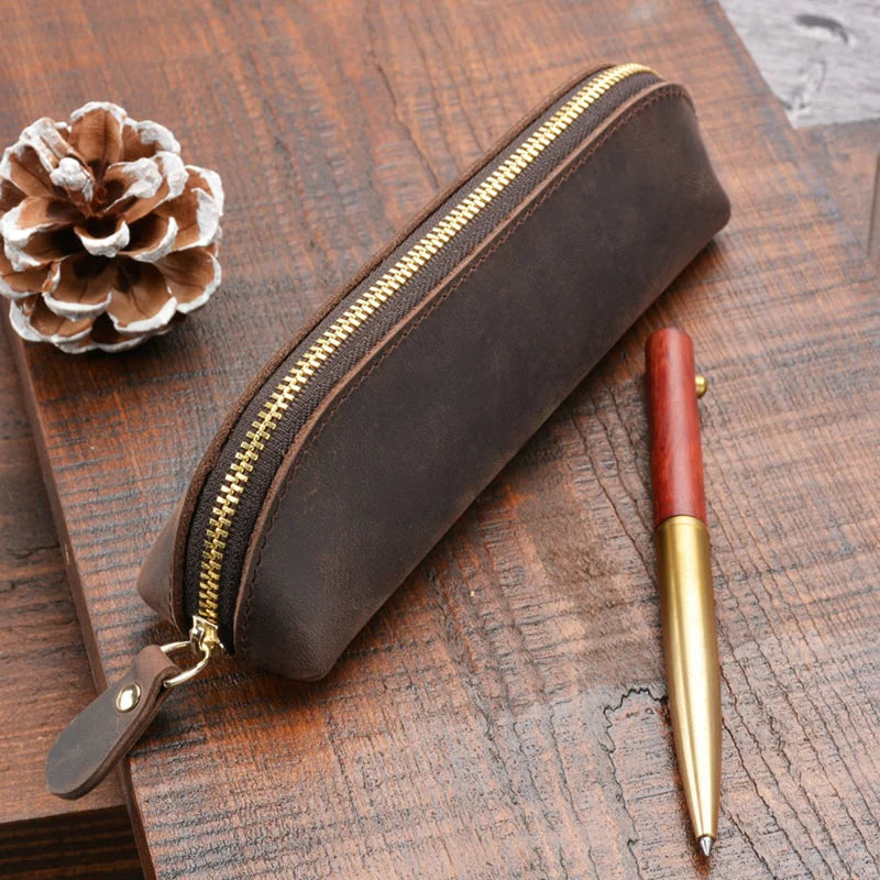 (dark brown)The Paavo Leather Pen Case | Leather Makeup Pouch - BagNook