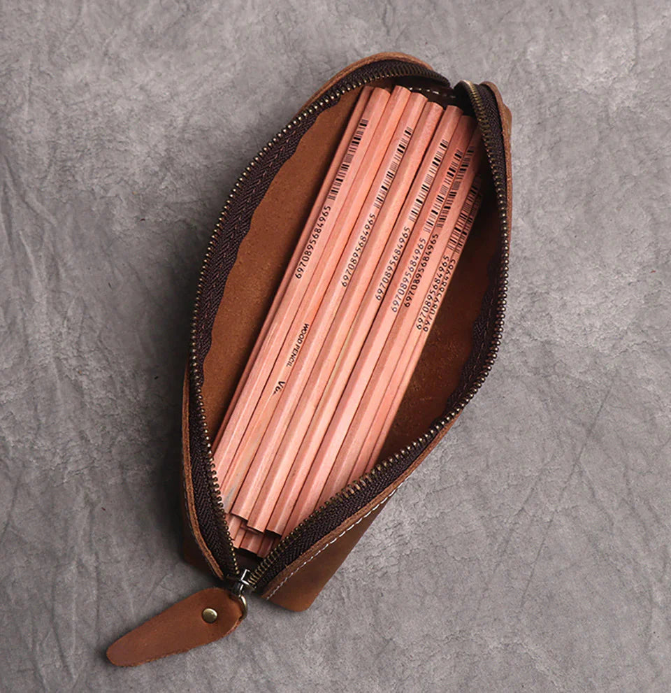 (brown)The Paavo Leather Pen Case | Leather Makeup Pouch - BagNook