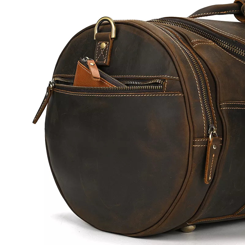 The Wainwright Weekender | Round Vintage Leather Weekender - BagNook