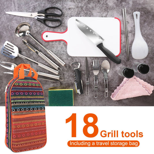 19Pcs Camping & Picnicking Cooking Utensil Kit with Storage Bag - BagNook