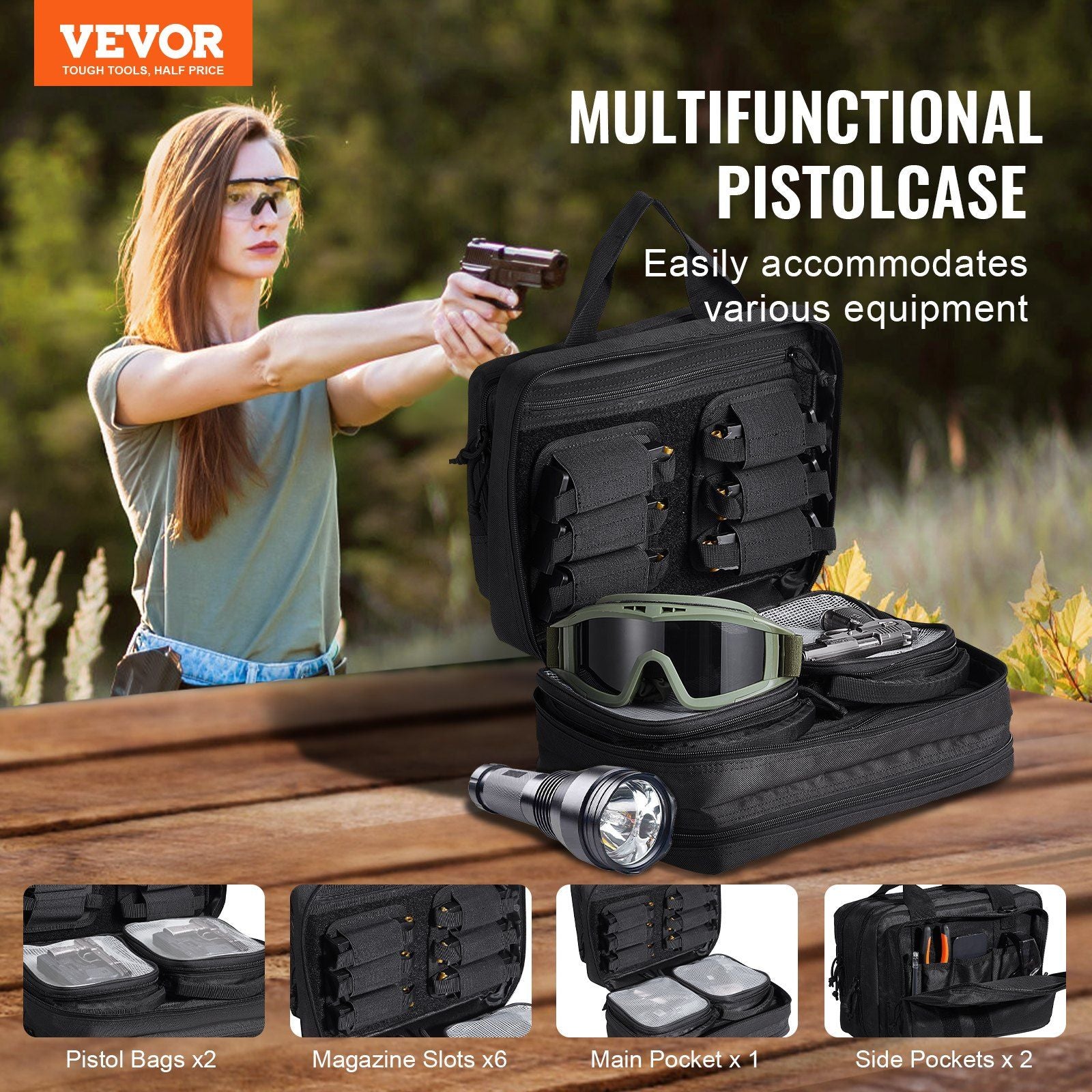 VEVOR Tactical Pistol Bag with 2 Pistol Cases - Black - BagNook