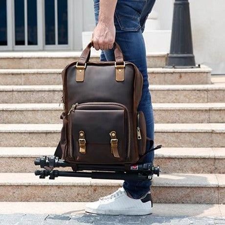 The Gaetano | Large Leather Backpack Camera Bag w/Tripod Holder - BagNook