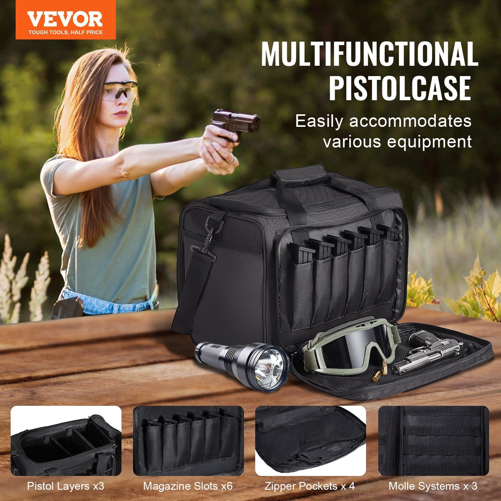 VEVOR Range Bag for 3 Pistols Shoulder Strap-Black - BagNook