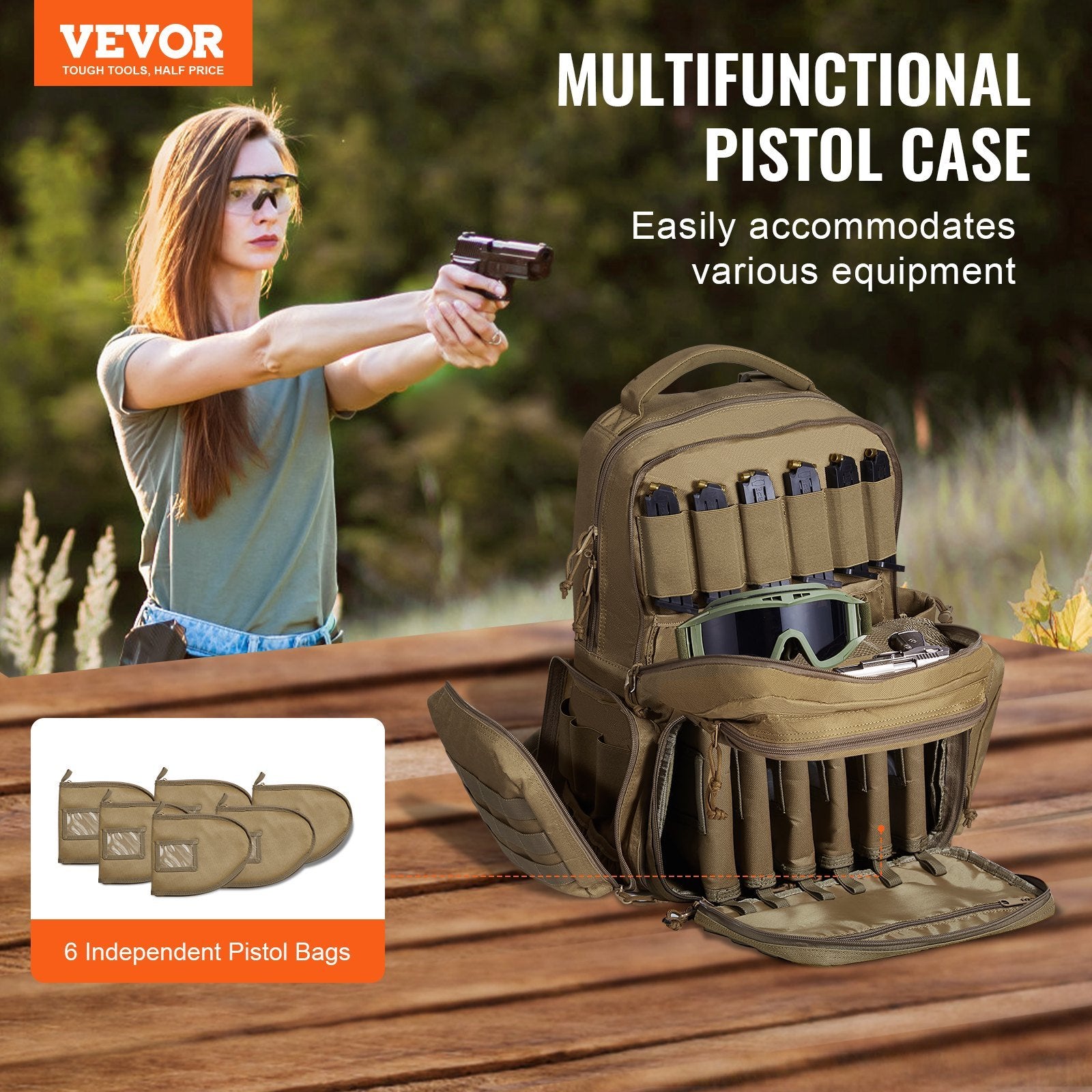 VEVOR Tactical Range Backpack for 6 Pistols - Brown - BagNook