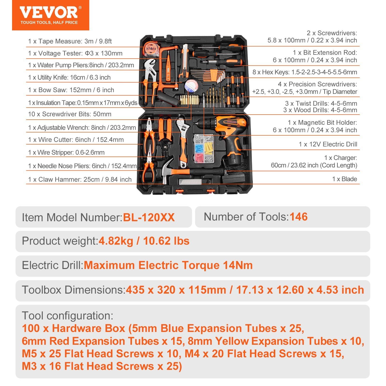 VEVOR 146 Piece General Household Hand Tool Set w/drill - BagNook