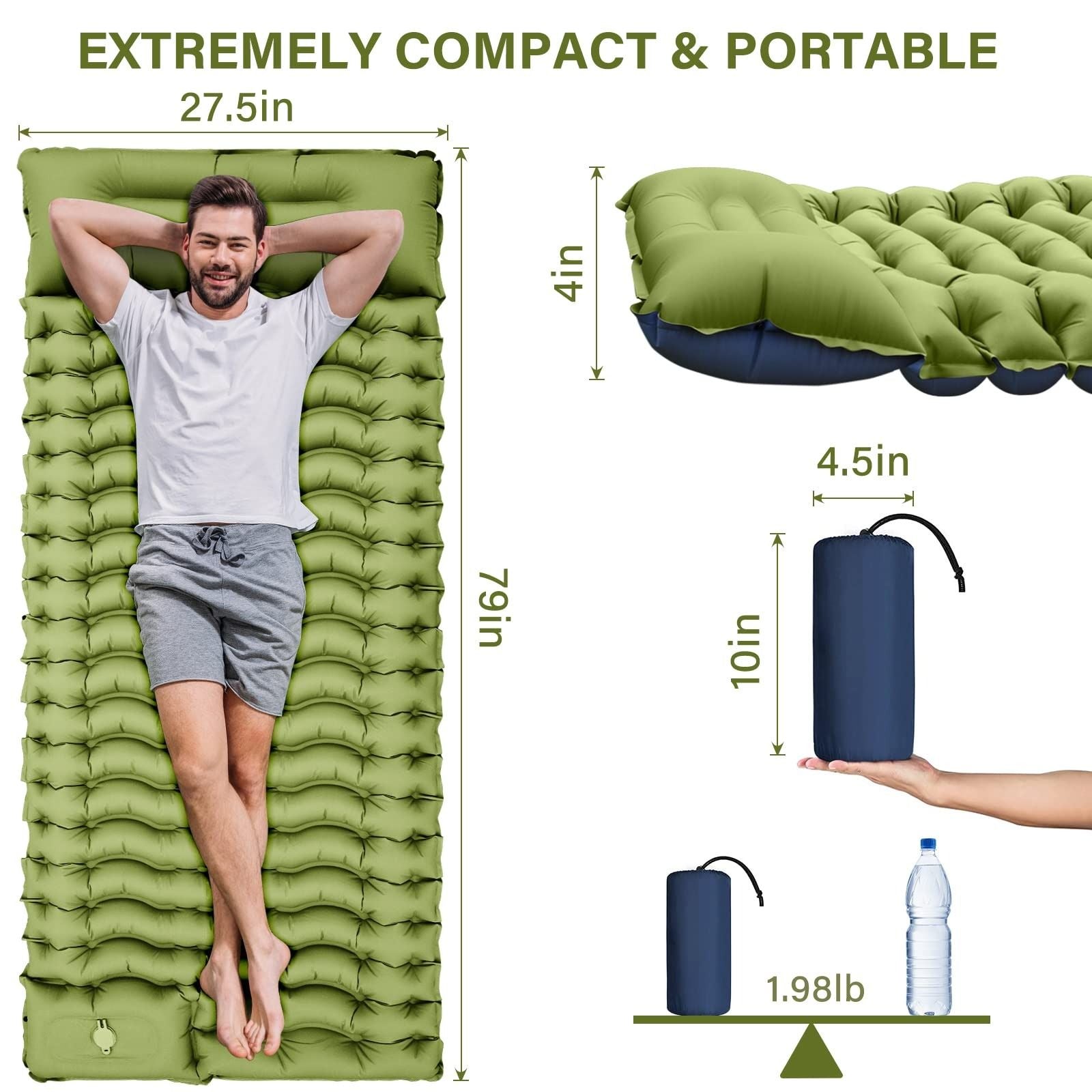 (green) Green inflatable camping mattress with a foot pump on a white background - bagNook