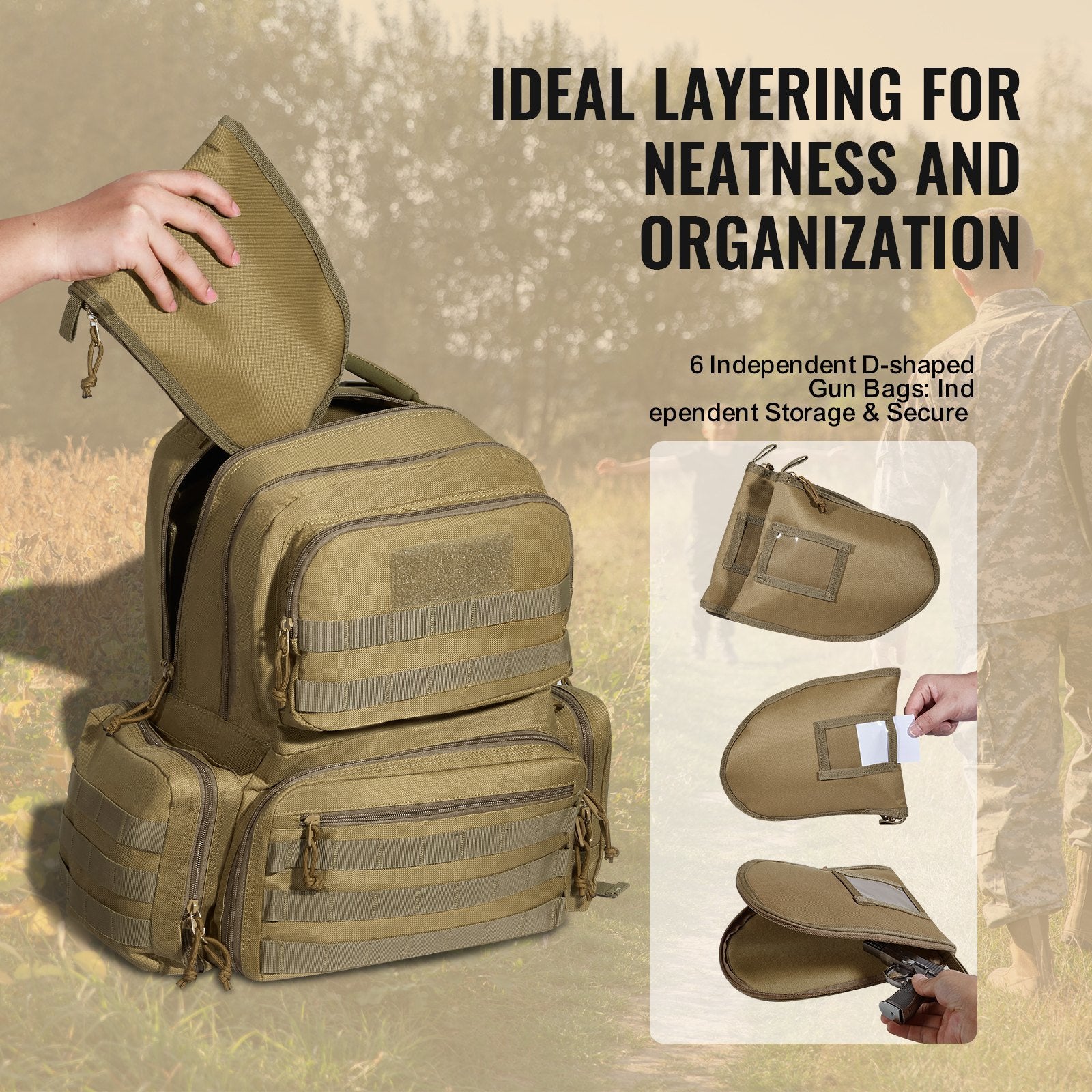 VEVOR Tactical Range Backpack for 6 Pistols - Brown - BagNook