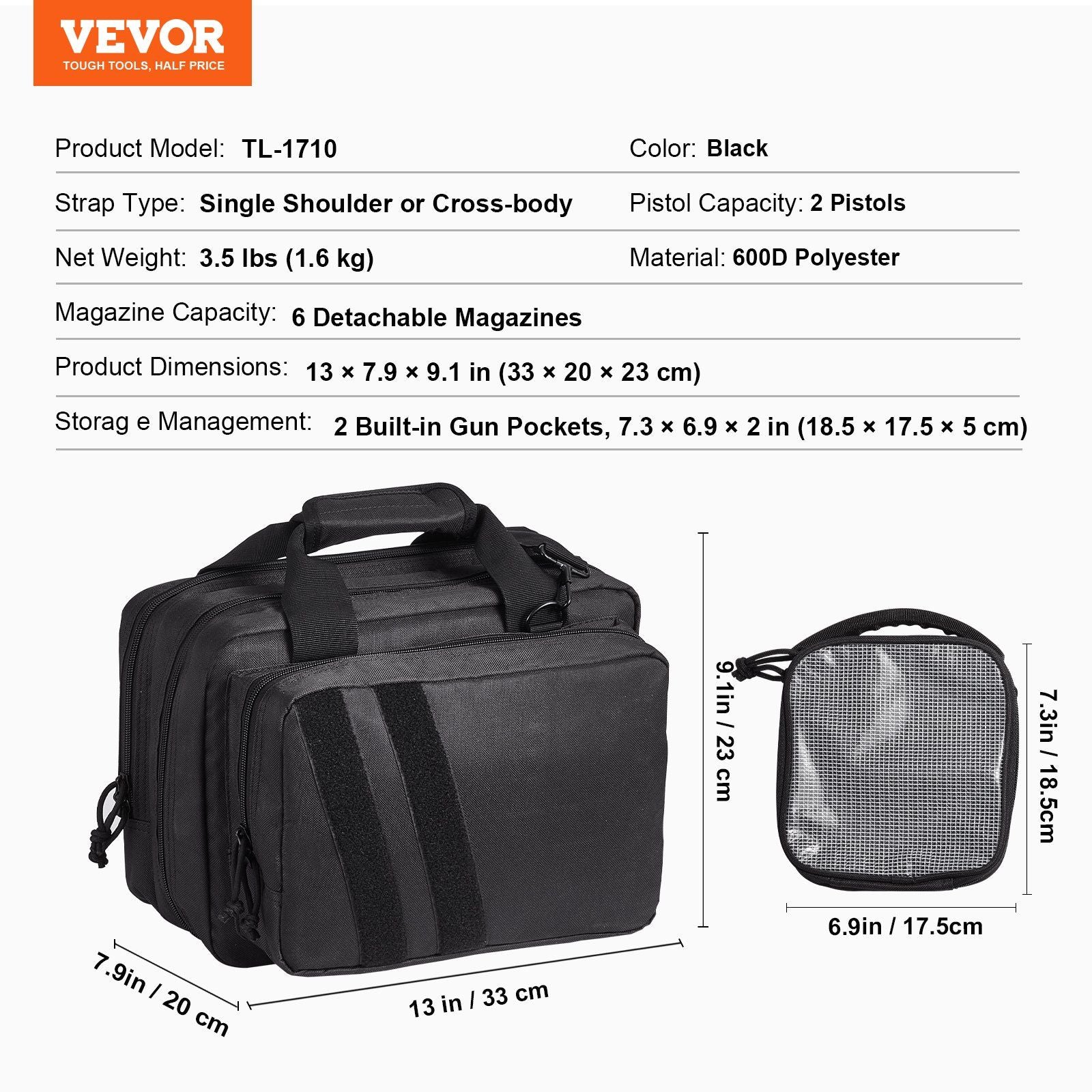 VEVOR Tactical Pistol Bag with 2 Pistol Cases - Black - BagNook