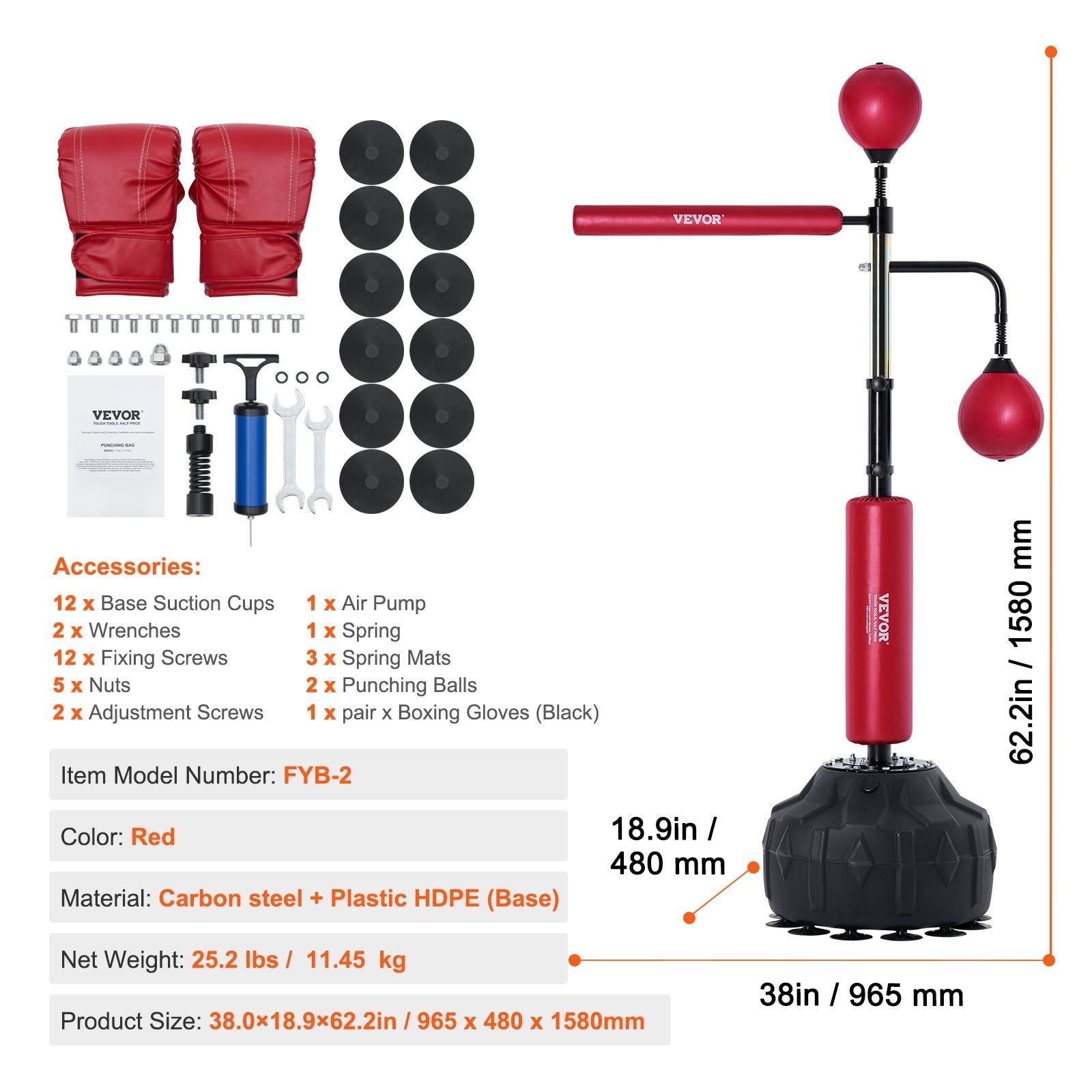 VEVOR Punching Bag with Stand - Height Adjustable, Red - BagNook