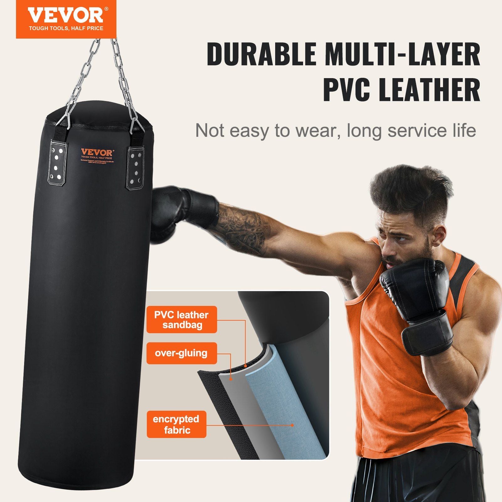 VEVOR Punching Bag for Adults - 4ft PVC Heavy Boxing Bag Set w/chains and gloves, UNFILLED - BagNook