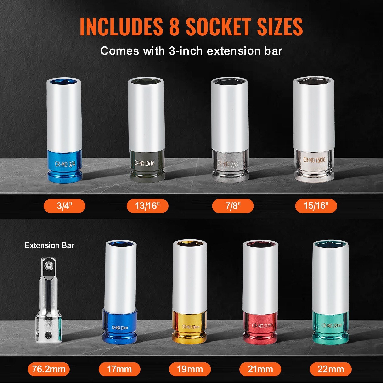 VEVOR Lug Nut Impact Socket Set 1/2 Metric and SAE 6pt Deep Socket - BagNook