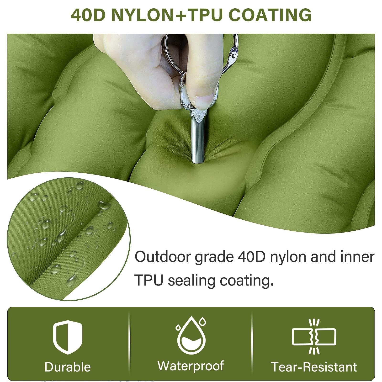 (green) Green inflatable camping mattress with a foot pump on a white background - bagNook