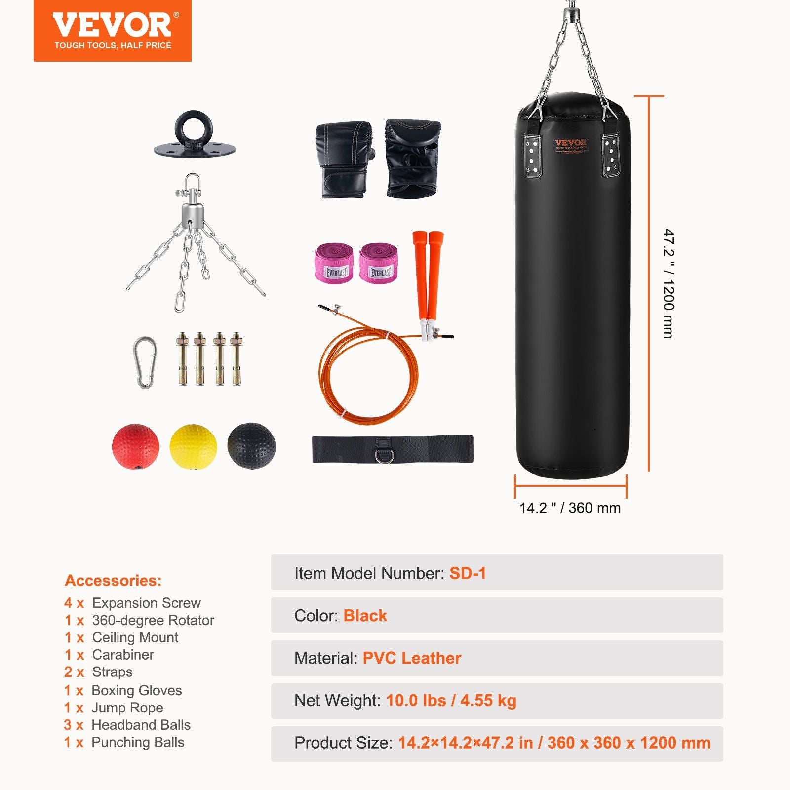 VEVOR Punching Bag for Adults - 4ft PVC Heavy Boxing Bag Set w/chains and gloves, UNFILLED - BagNook
