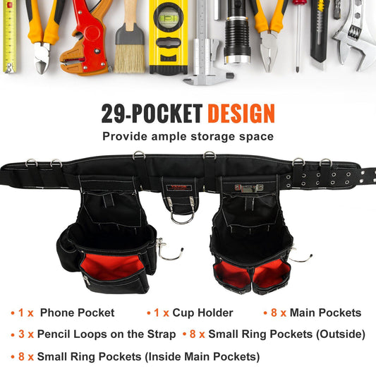 VEVOR Tool Belt with Suspenders, 29 Pockets - Fully Adjustable - Black - BagNook