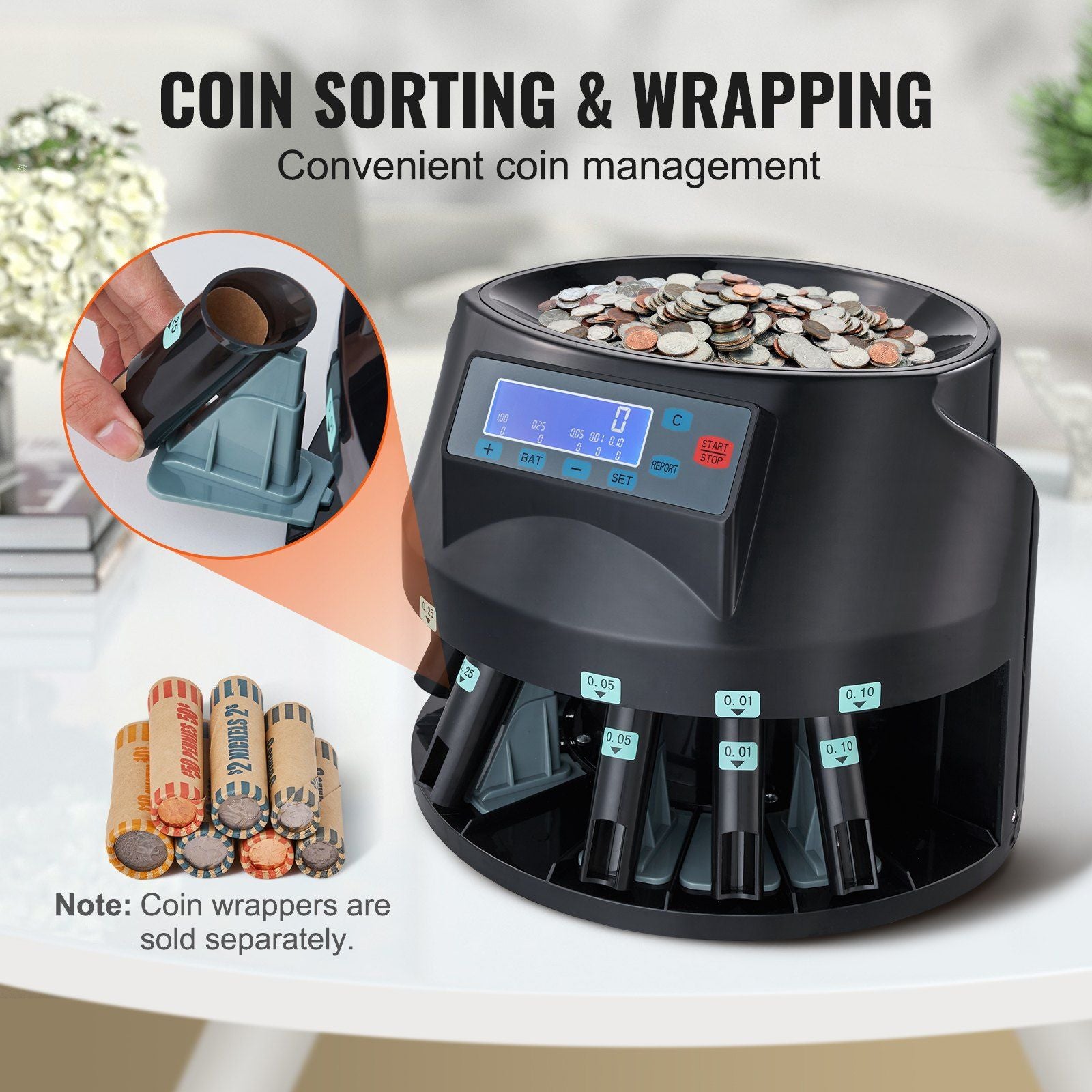 VEVOR USD Coin Sorter,Wrapper, & Roller 300 Coins/min LCD Display - BagNook