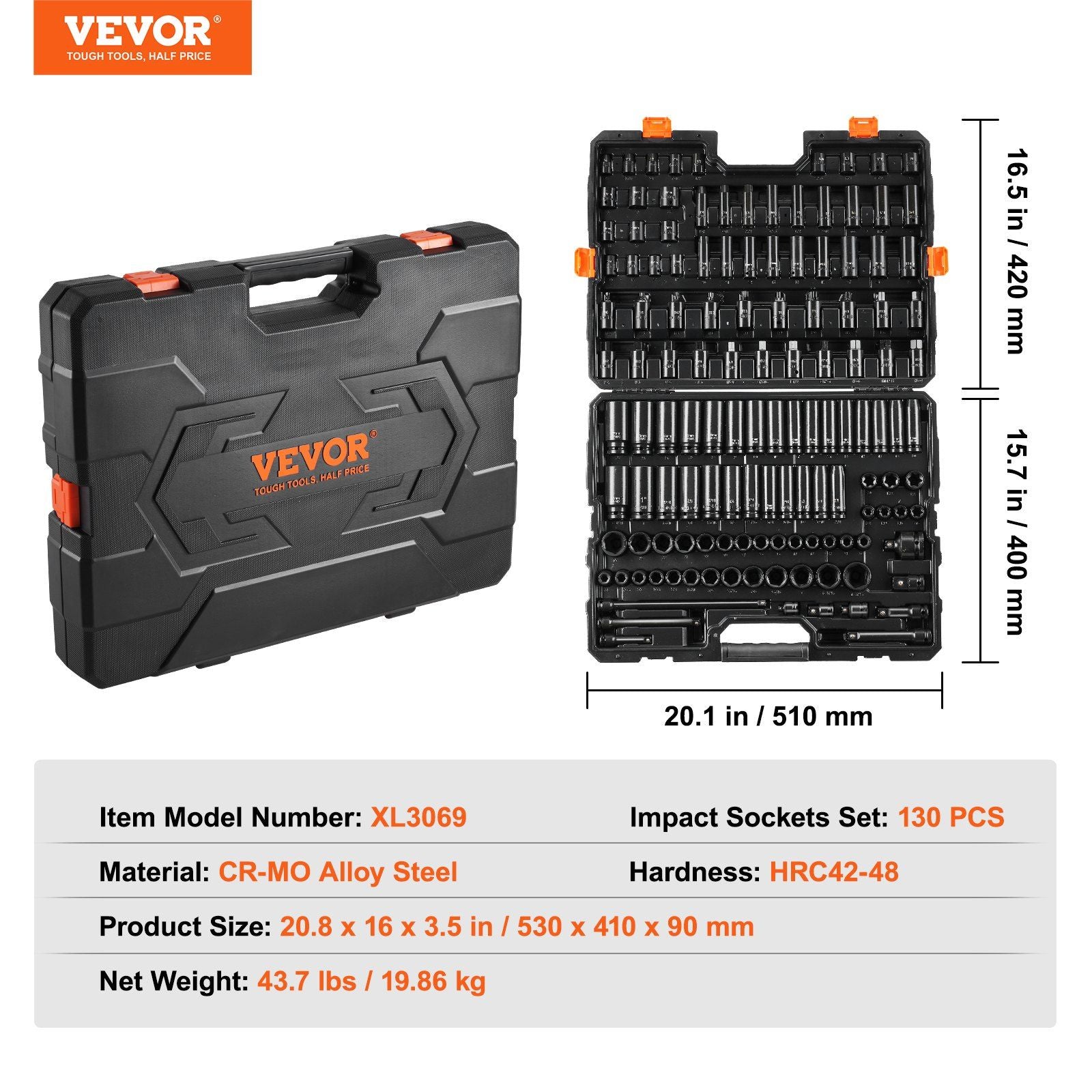 VEVOR Impact Sockets Set 130pc 6pt 3/8,1/2 Ratchet Tool Kit w/Readable Markings - BagNook