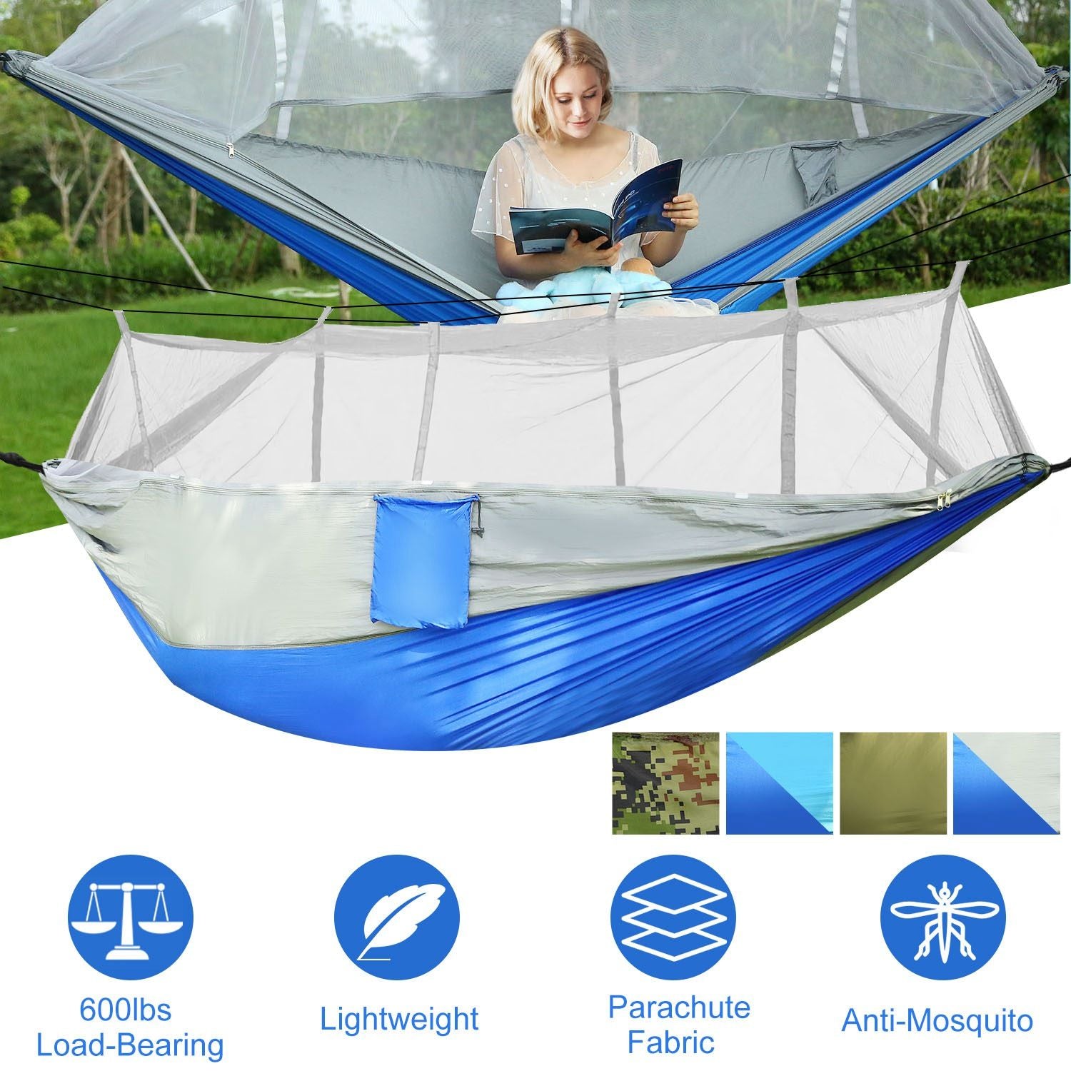 (greyblue)Camping Hammock with Mosquito Net, 2 person - BagNook
