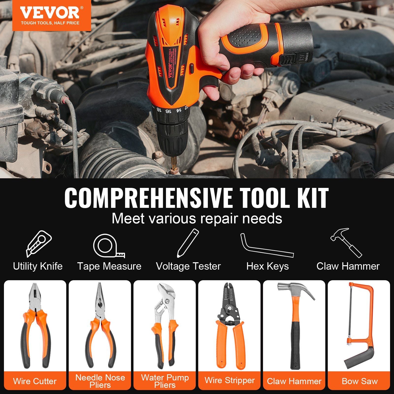 VEVOR 146 Piece General Household Hand Tool Set w/drill - BagNook