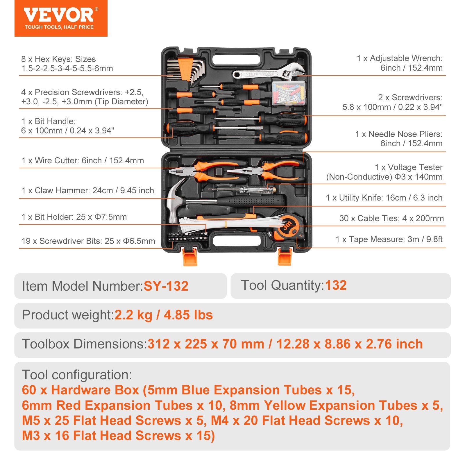 VEVOR 132 Piece General Household DIY Hand Tool Set - BagNook