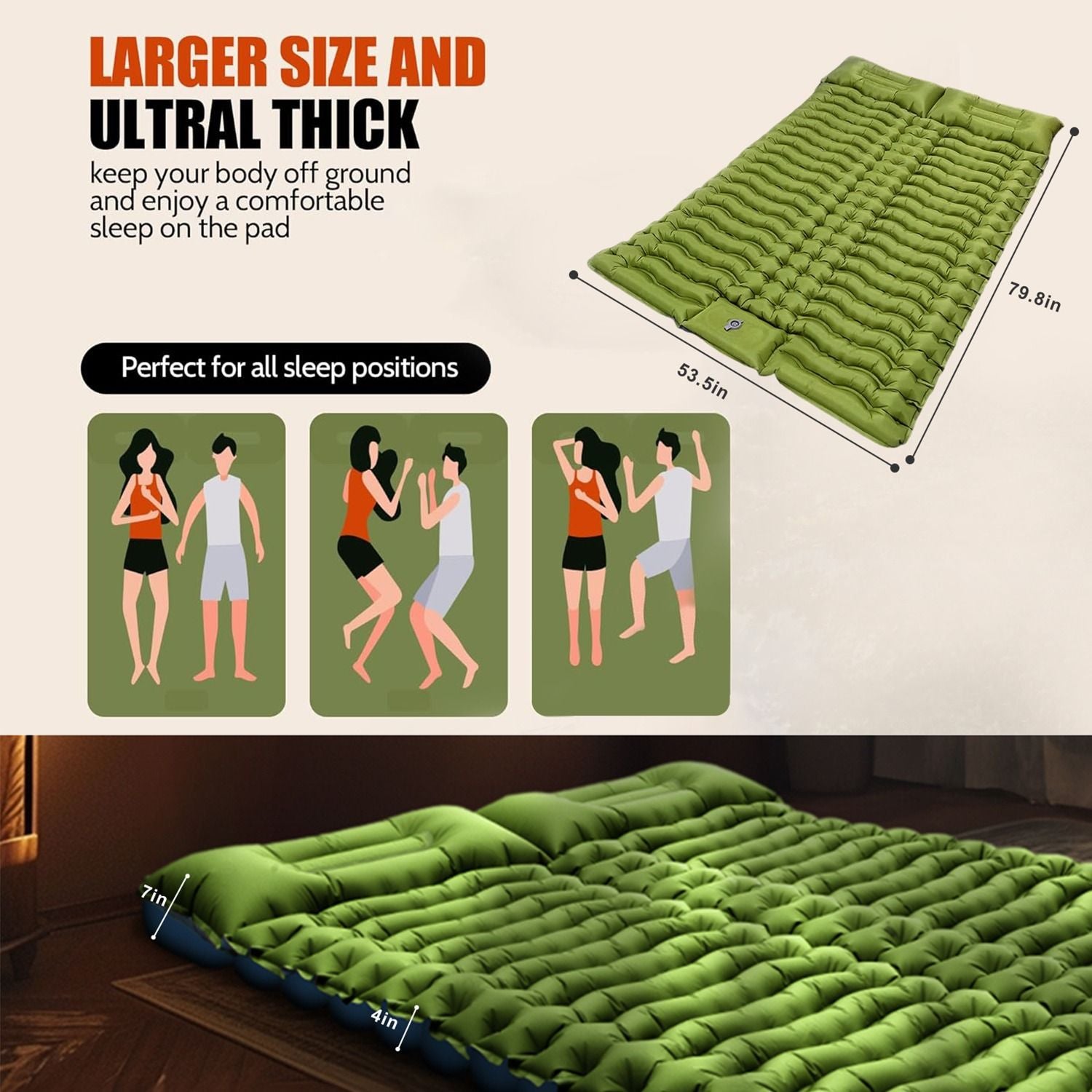(2-green) Green inflatable camping mattress with a foot pump on a white background - bagNook