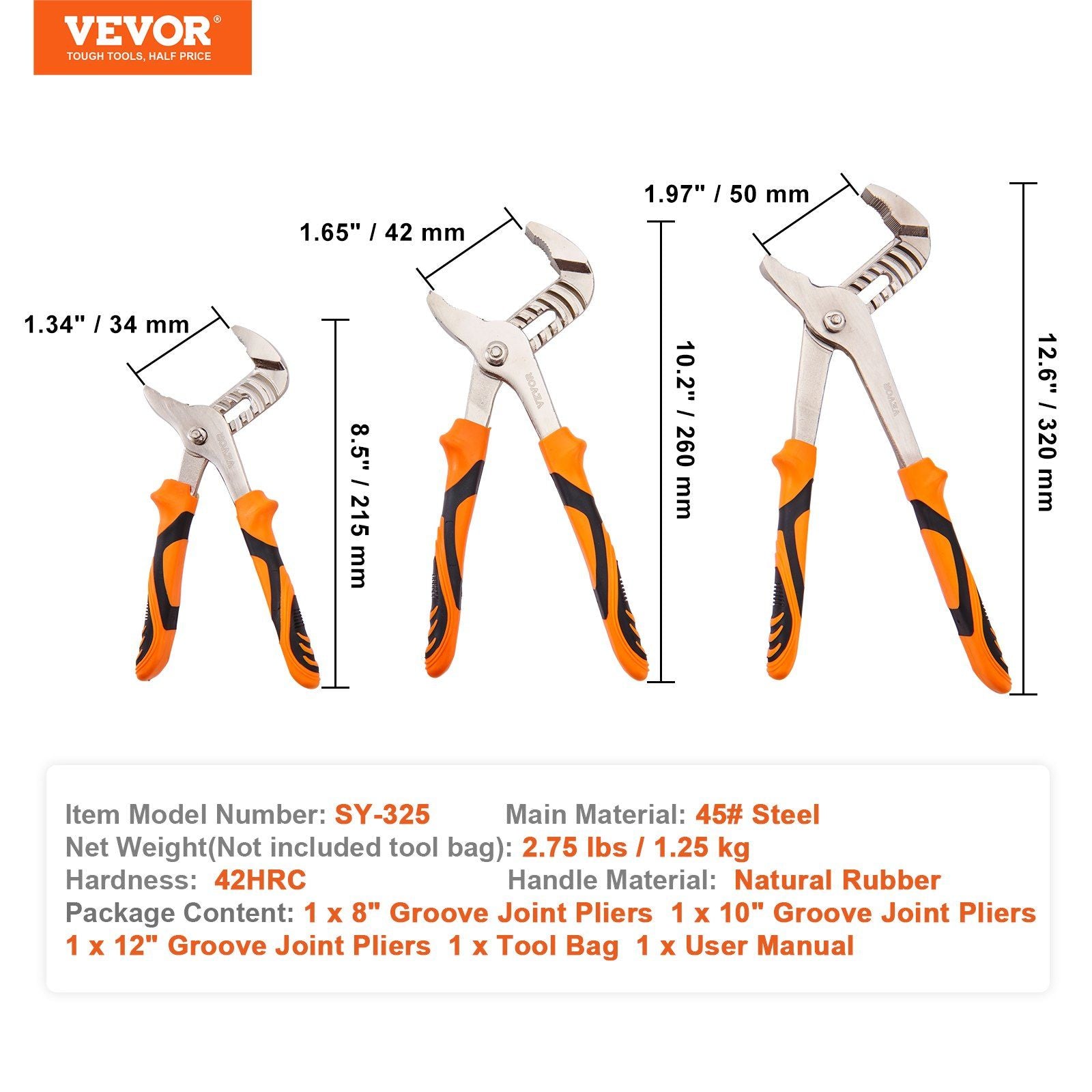 VEVOR 3pc Groove Joint Pliers Set, 12/10/8 inch - BagNook