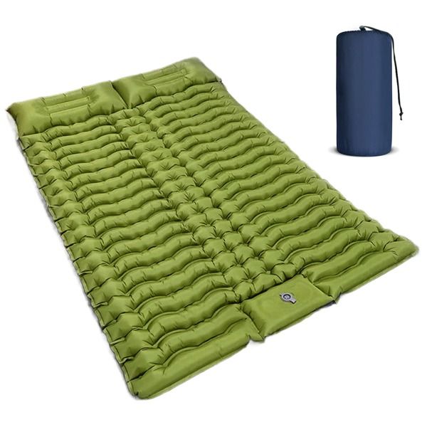 (2-Green) Green inflatable camping mattress with a foot pump on a white background - bagNook