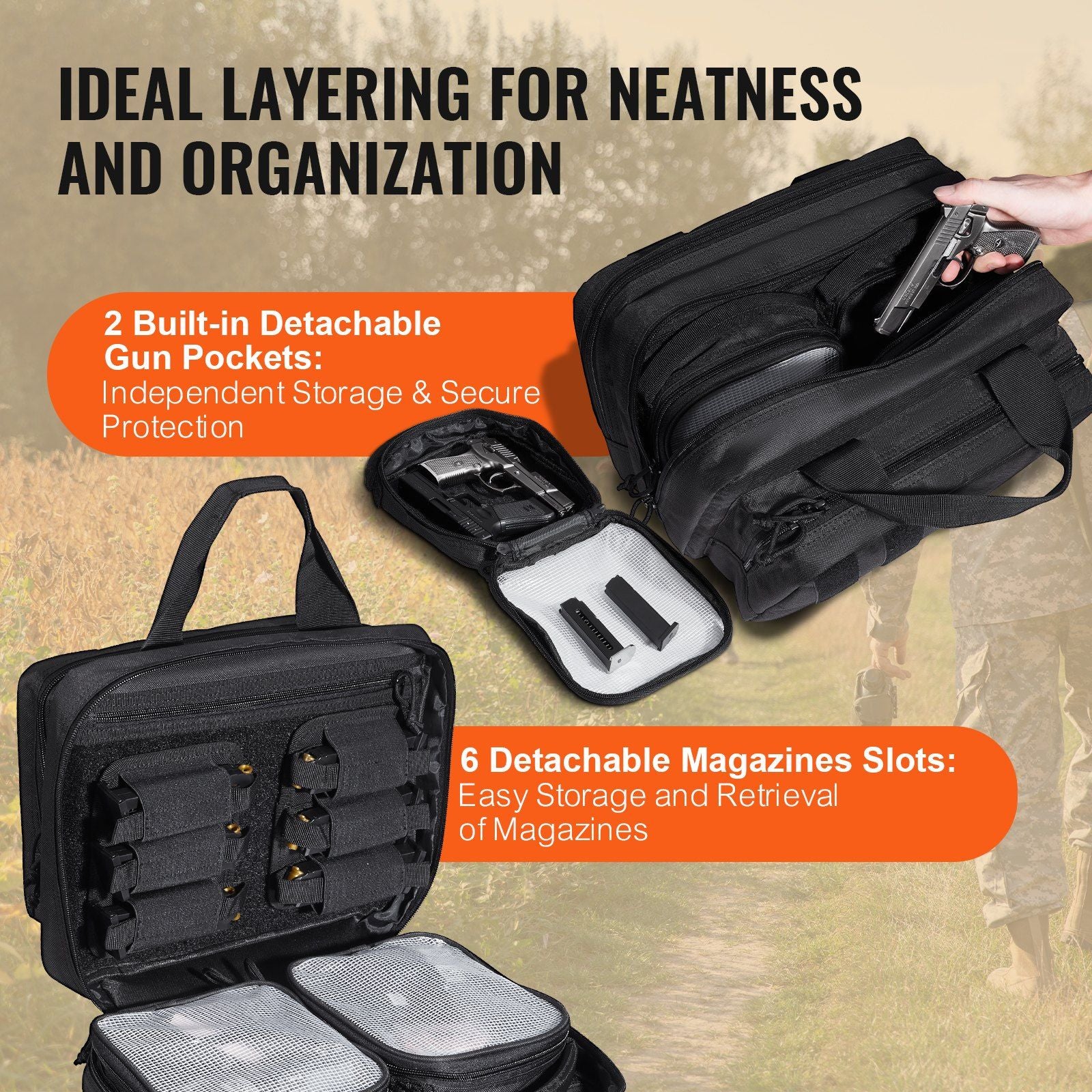 VEVOR Tactical Pistol Bag with 2 Pistol Cases - Black - BagNook