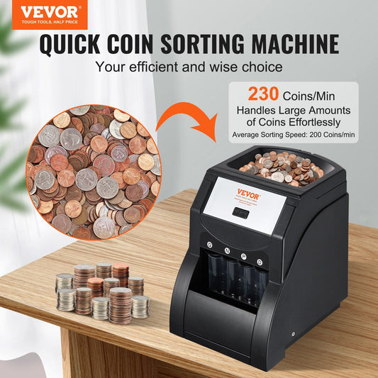 VEVOR USD Coin Sorter & Wrapper - 5¢ 10¢ 25¢, Sorts up to 230 Coins/min - BagNook