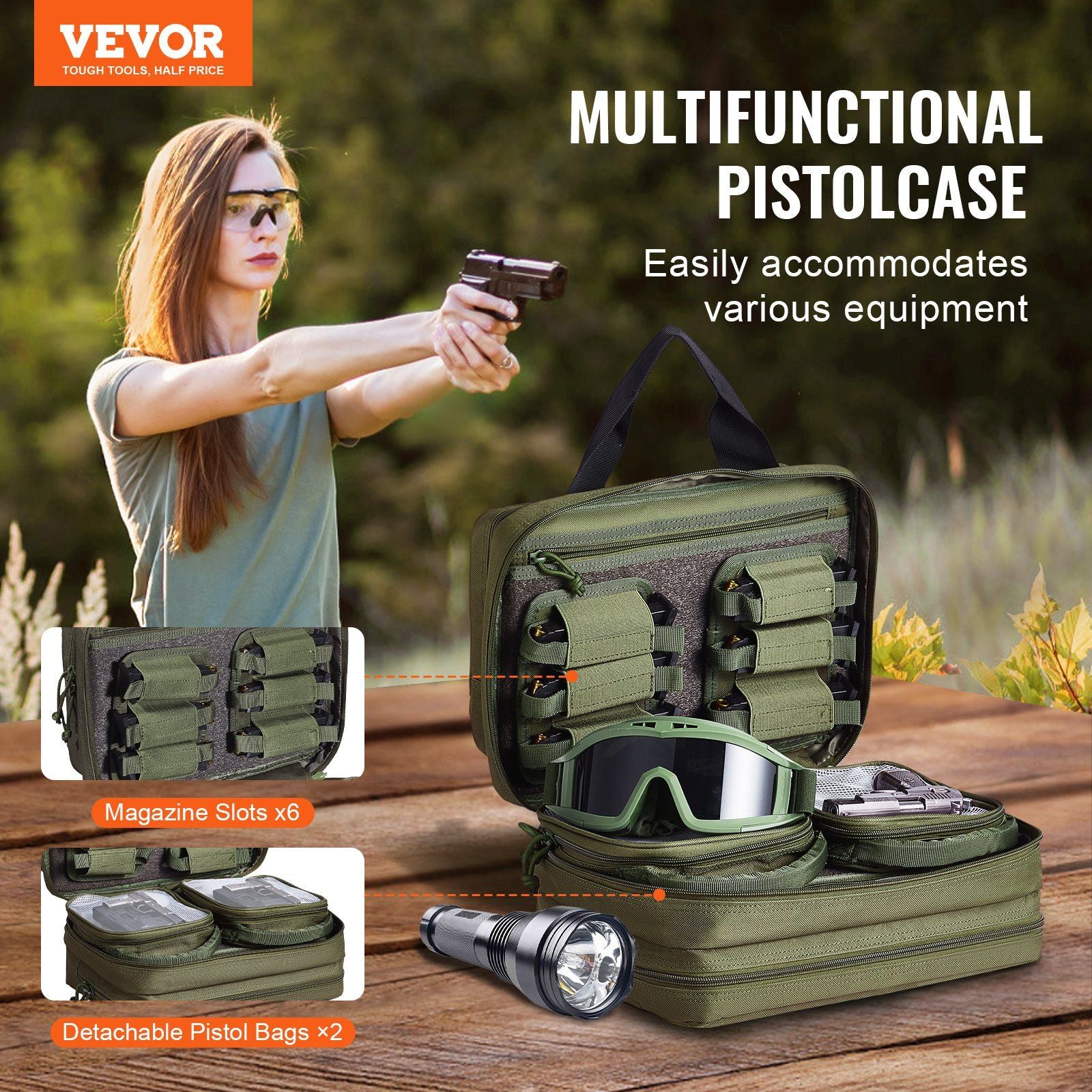VEVOR Tactical Pistol Bag with 2 Pistol Cases - Green - BagNook