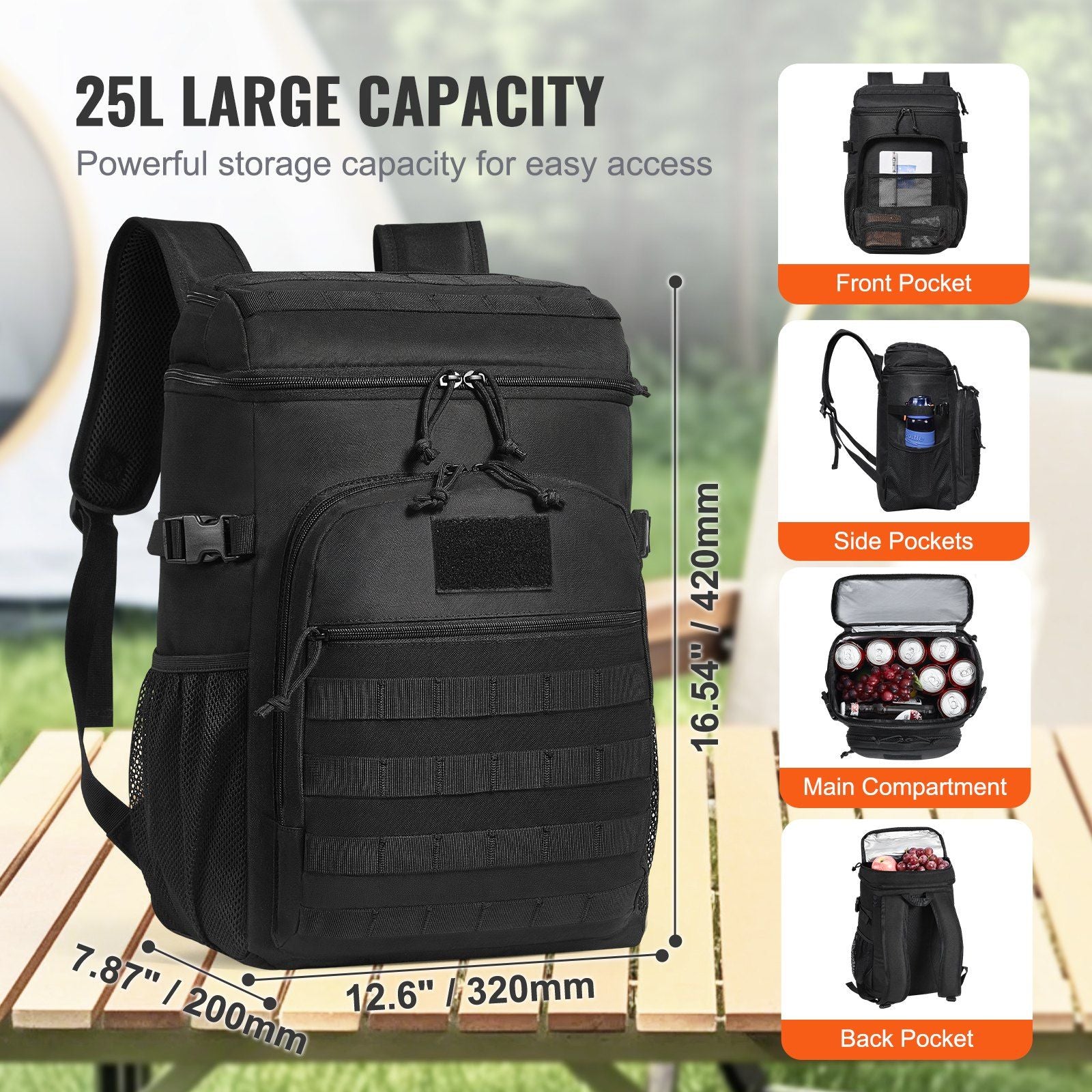 Cooler Bag, 25L Insulated w/MOLLE Design, Black - BagNook