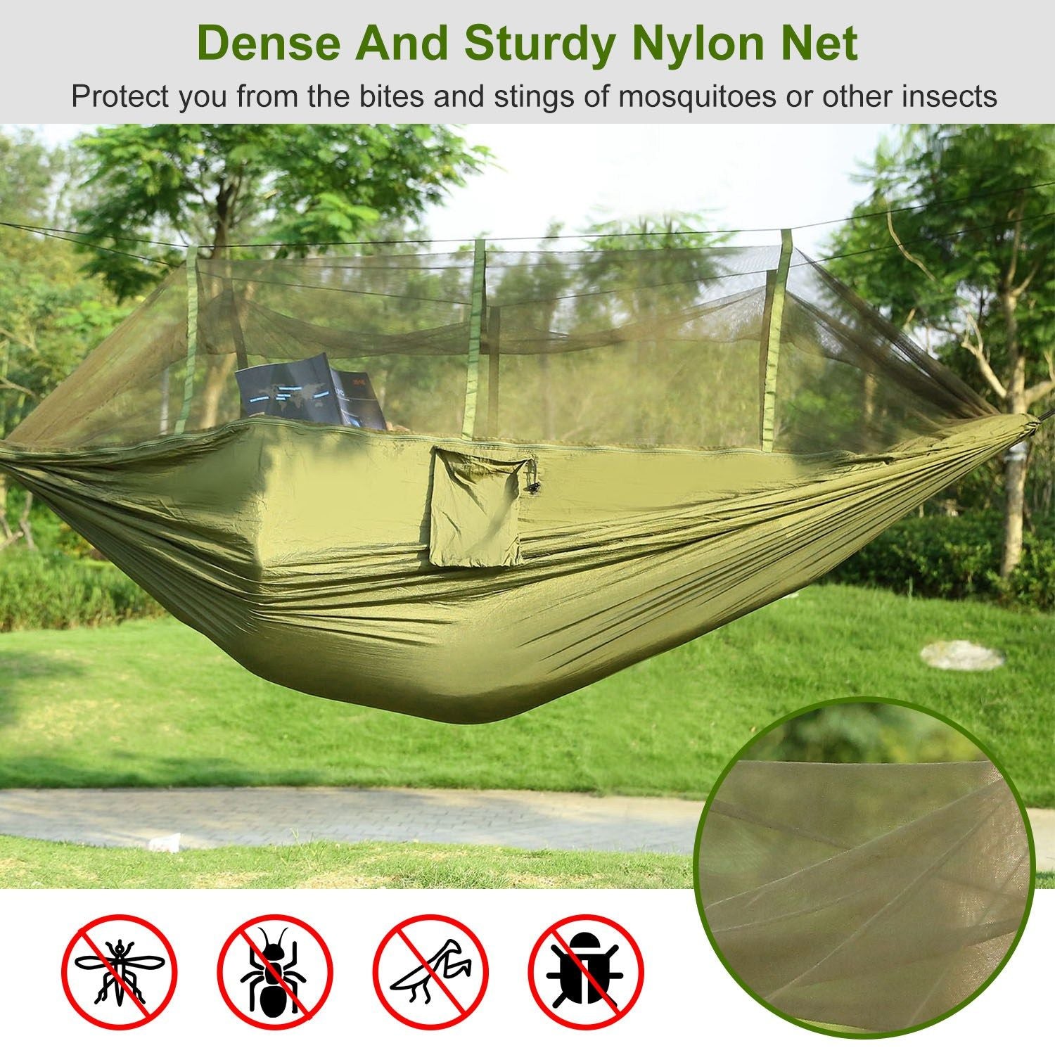 (armygreen)Camping Hammock with Mosquito Net, 2 person - BagNook