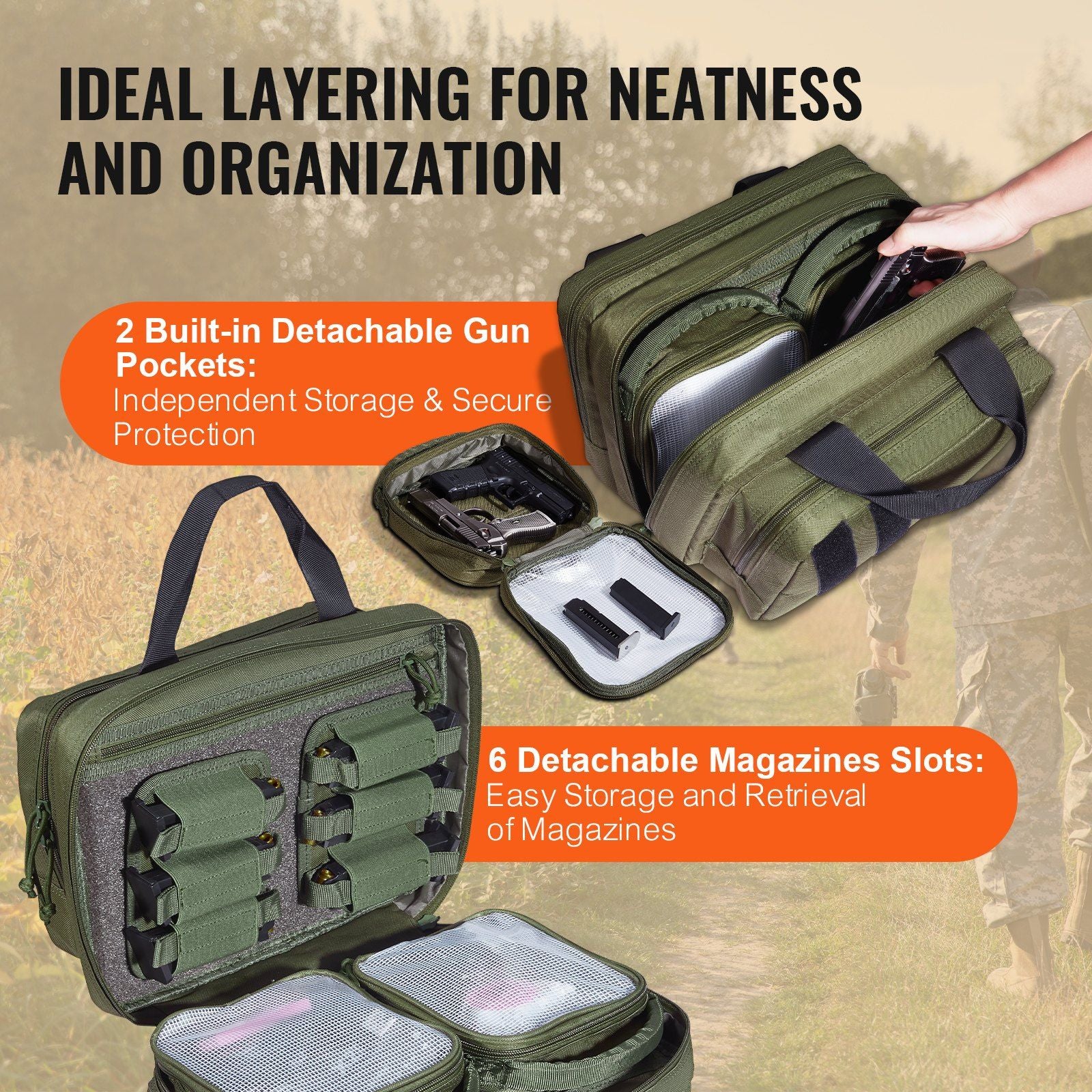 VEVOR Tactical Pistol Bag with 2 Pistol Cases - Green - BagNook