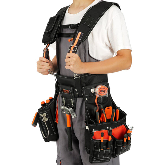 VEVOR Tool Belt with Suspenders, 29 Pockets - Fully Adjustable - Black - BagNook