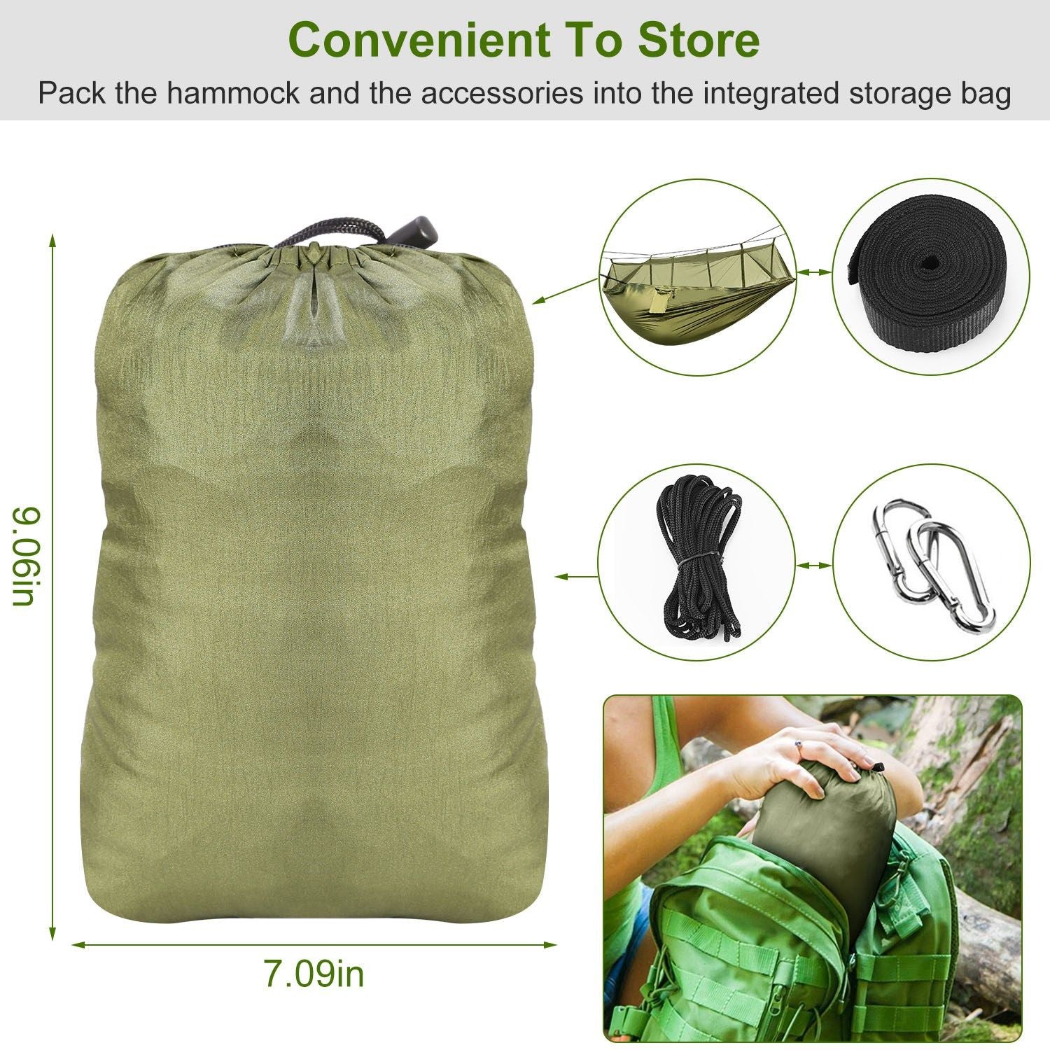 (armygreen)Camping Hammock with Mosquito Net, 2 person - BagNook