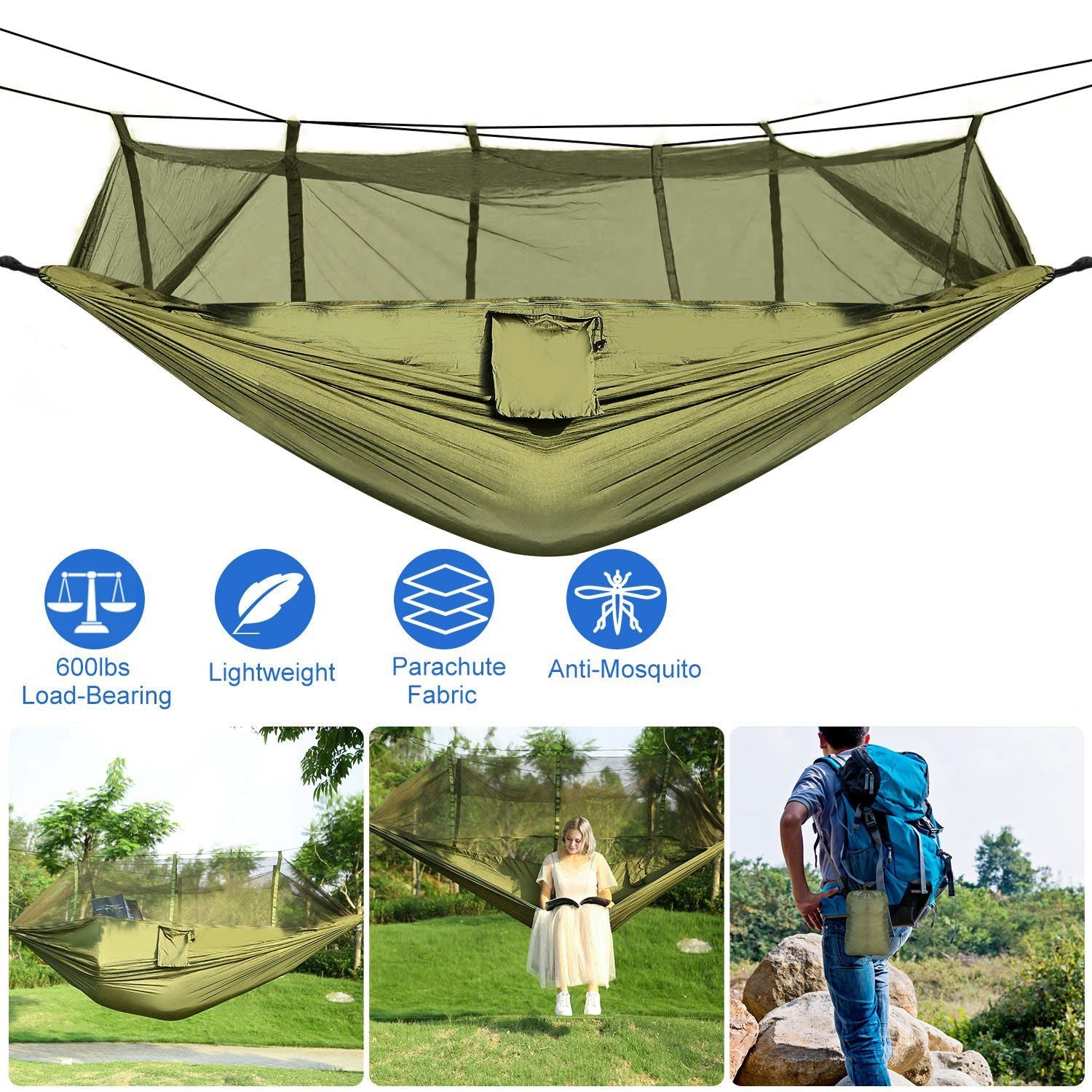 (armygreen)Camping Hammock with Mosquito Net, 2 person - BagNook