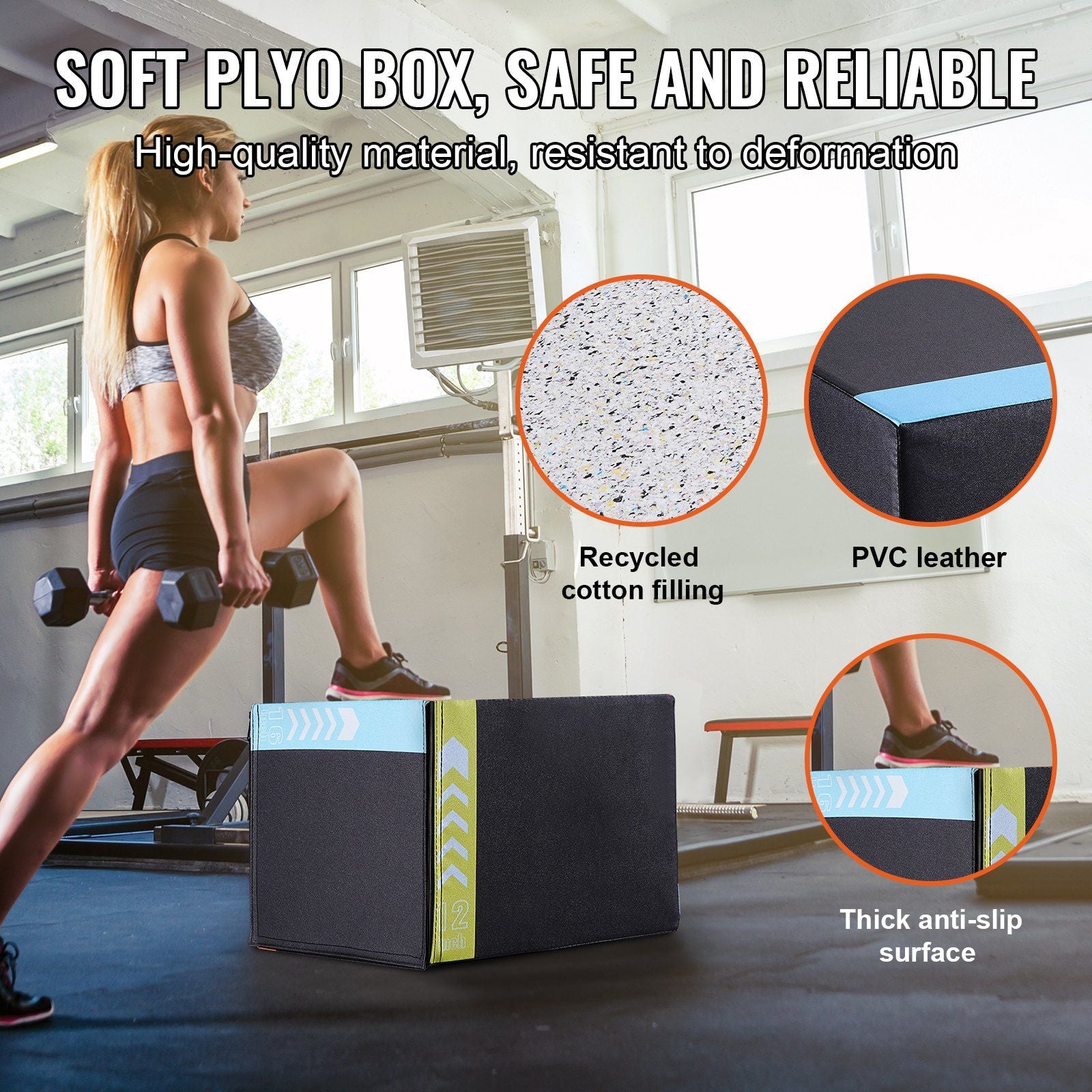 VEVOR 3 in 1 Plyometric Strength Training Jump Box - Recycled Cotton, 16/14/12", Black - BagNook