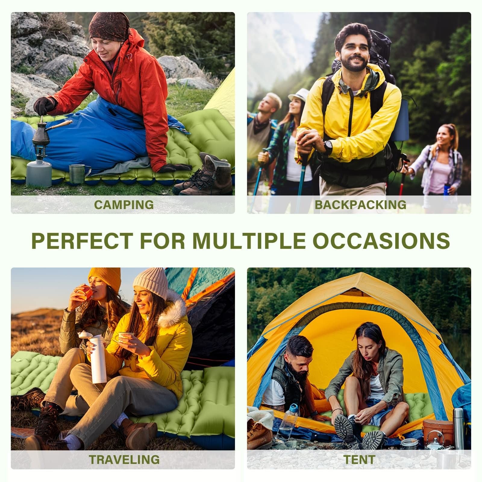 (green) Green inflatable camping mattress with a foot pump on a white background - bagNook