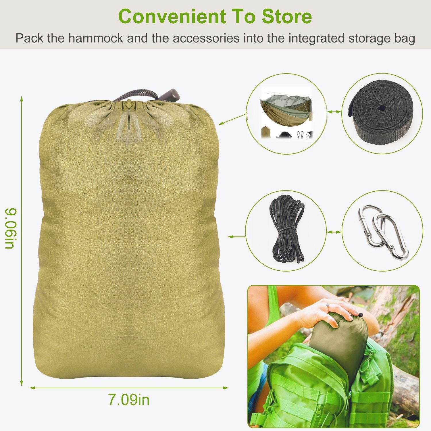 (khaki)Camping Hammock with Mosquito Net, 2 person - BagNook