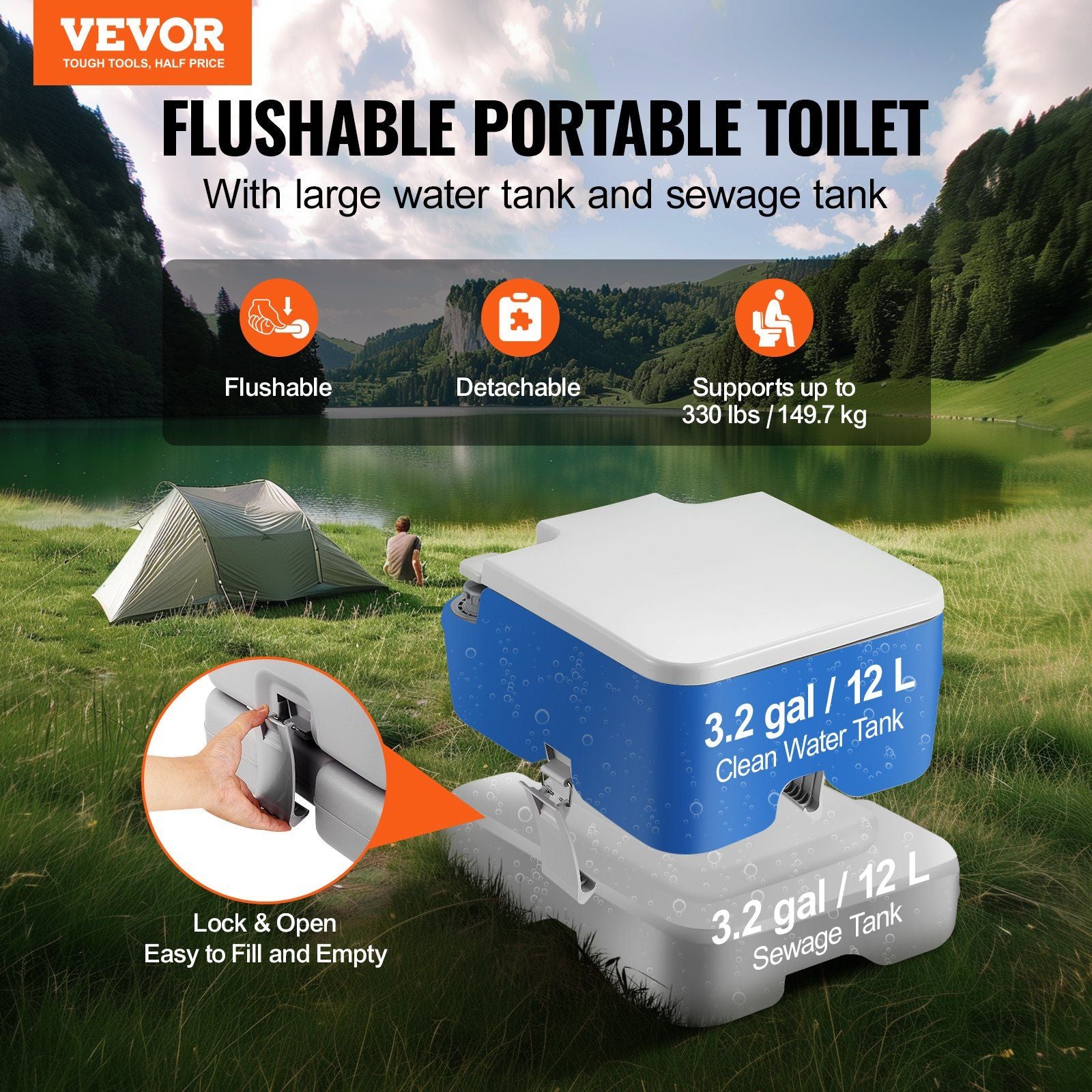 VEVOR Portable Toilet for Camping with 3.2-Gal Waste Tank & 3.2-Gal Flush Tank - BagNook