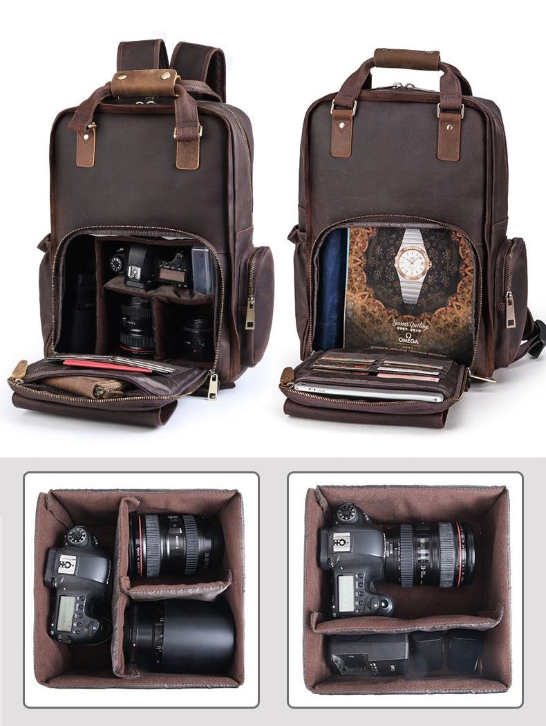 The Gaetano | Large Leather Backpack Camera Bag w/Tripod Holder - BagNook