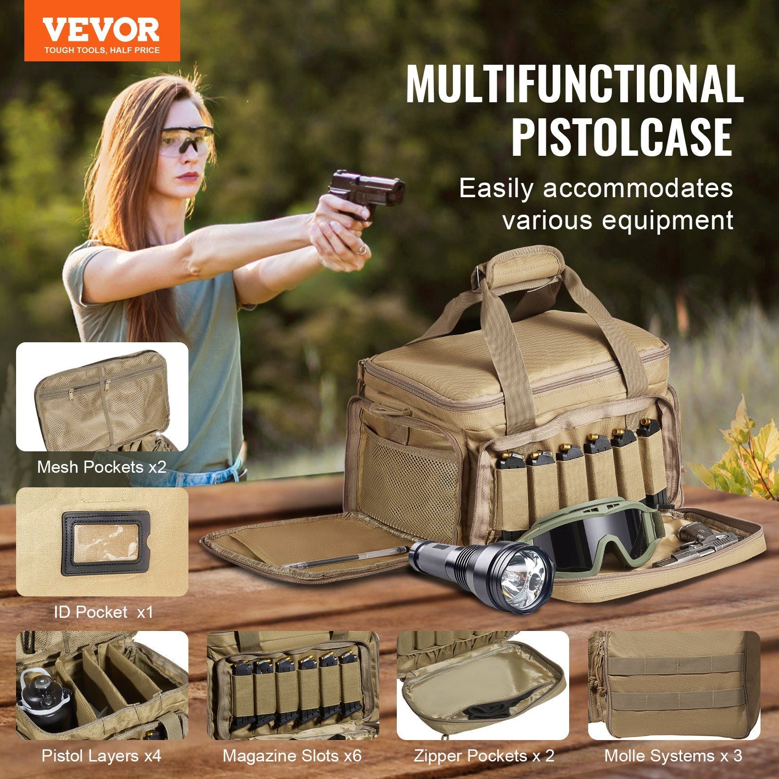 VEVOR Tactical Range Bag for 4 Pistols - Brown - BagNook