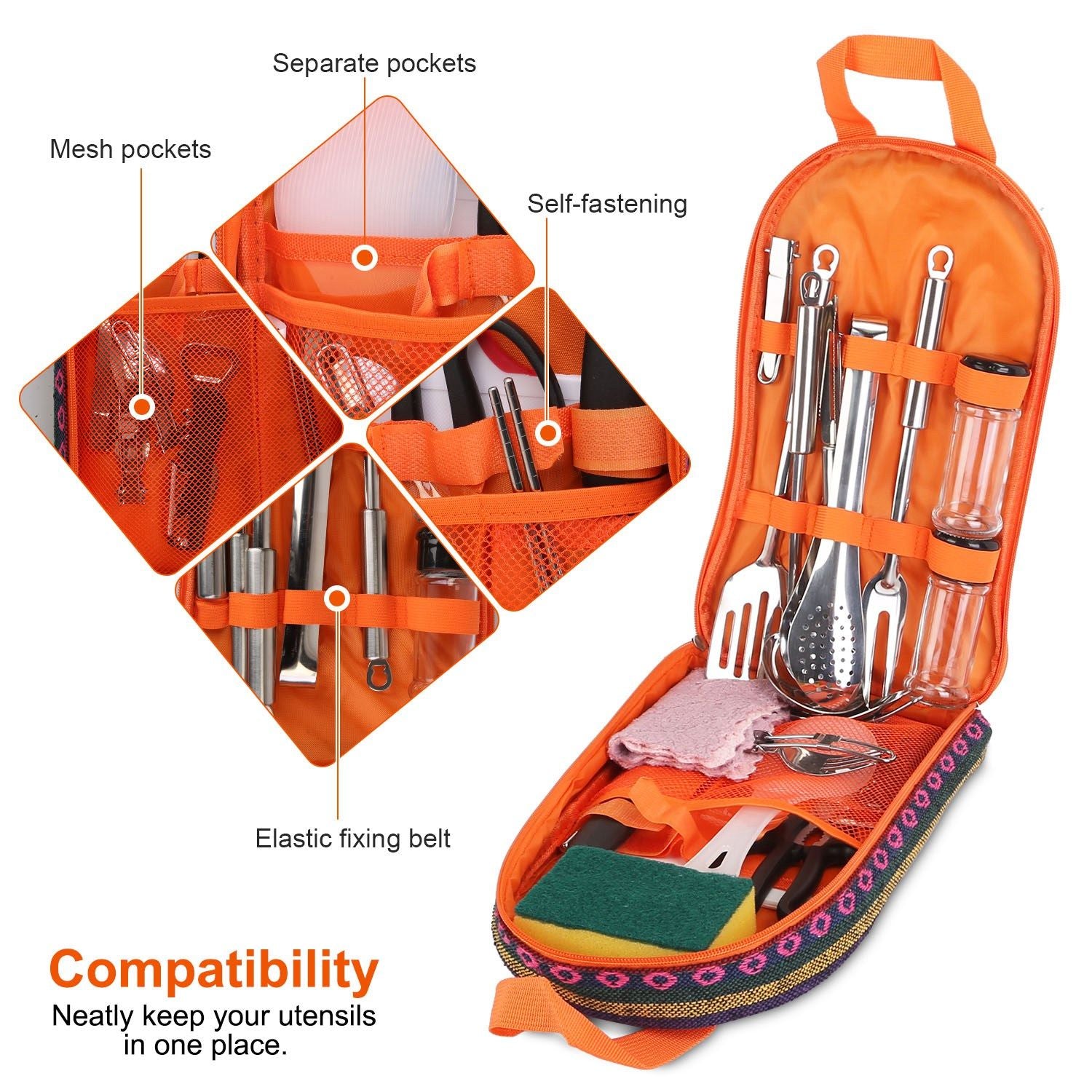 19Pcs Camping & Picnicking Cooking Utensil Kit with Storage Bag - BagNook