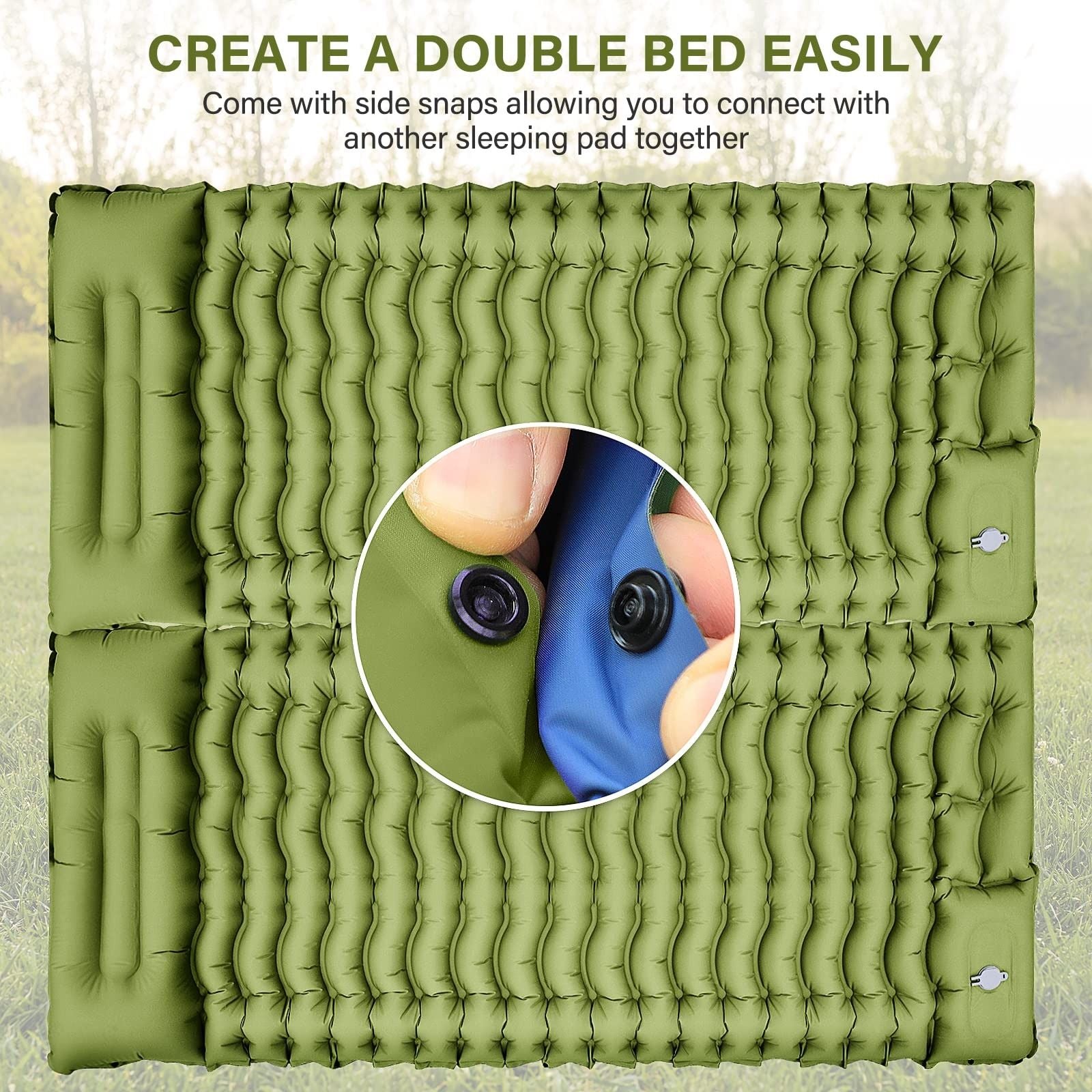 (2-green) Green inflatable camping mattress with a foot pump on a white background - bagNook