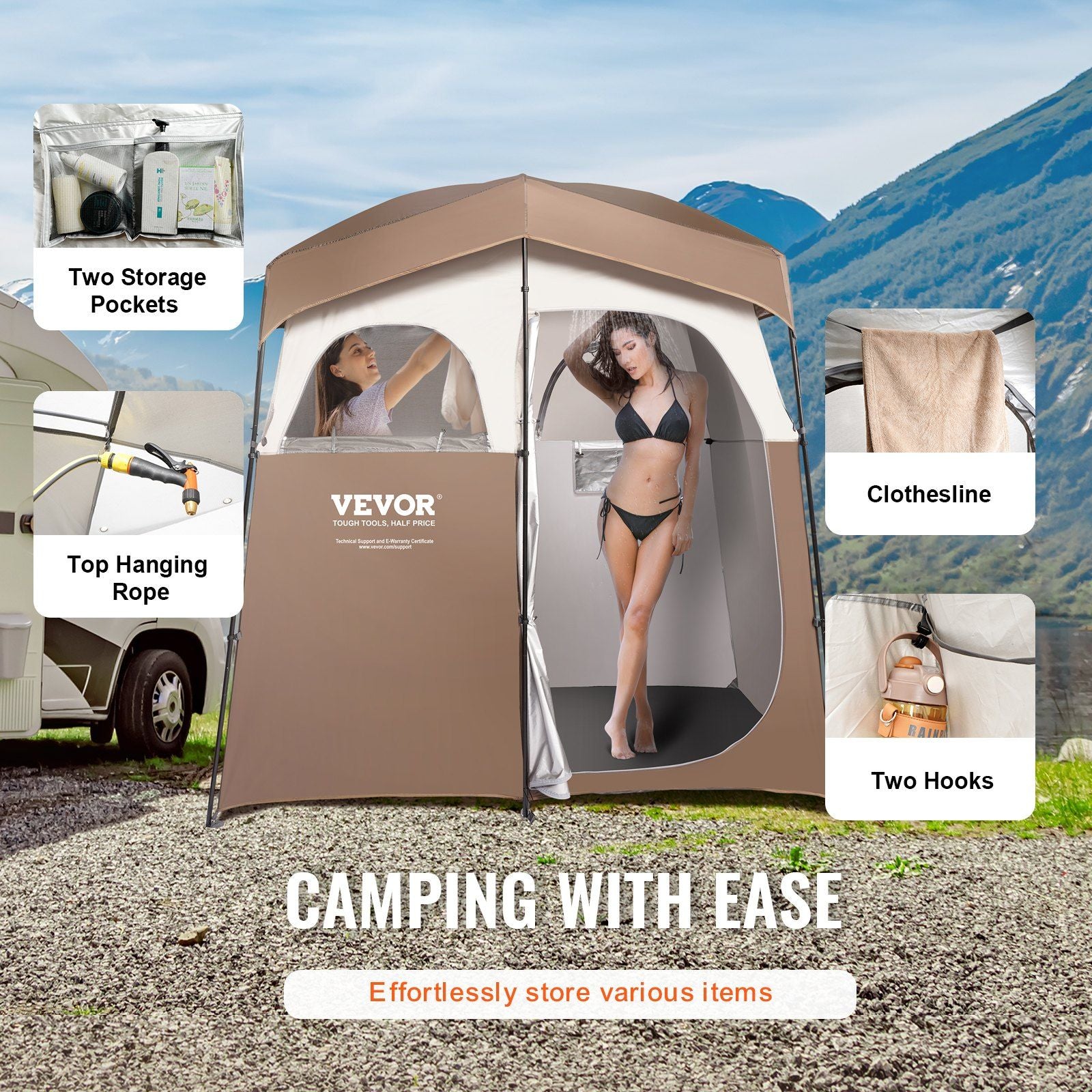 VEVOR Camping Shower Tent, 83" x 42" x 83" 2 Rooms - BagNook