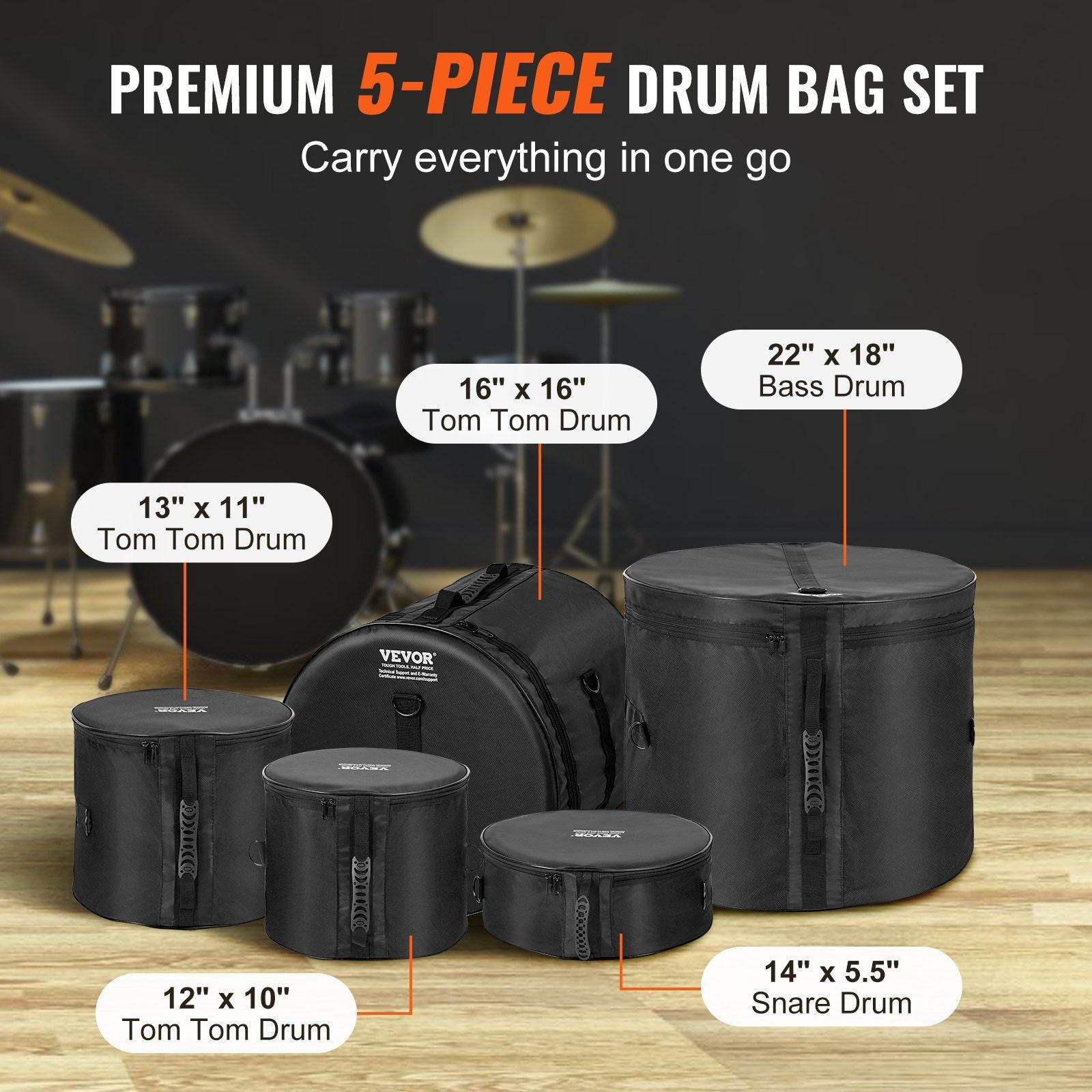 5-Piece Padded Drum Bag Set - w/Detachable Shoulder Strap - BagNook