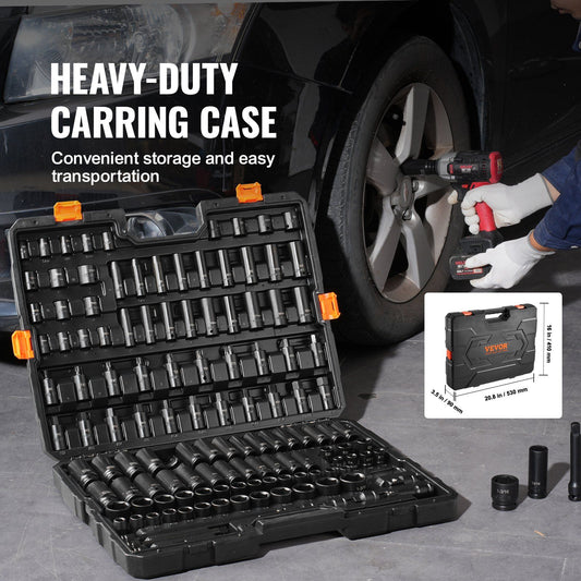 VEVOR Impact Sockets Set 130pc 6pt 3/8,1/2 Ratchet Tool Kit w/Readable Markings - BagNook