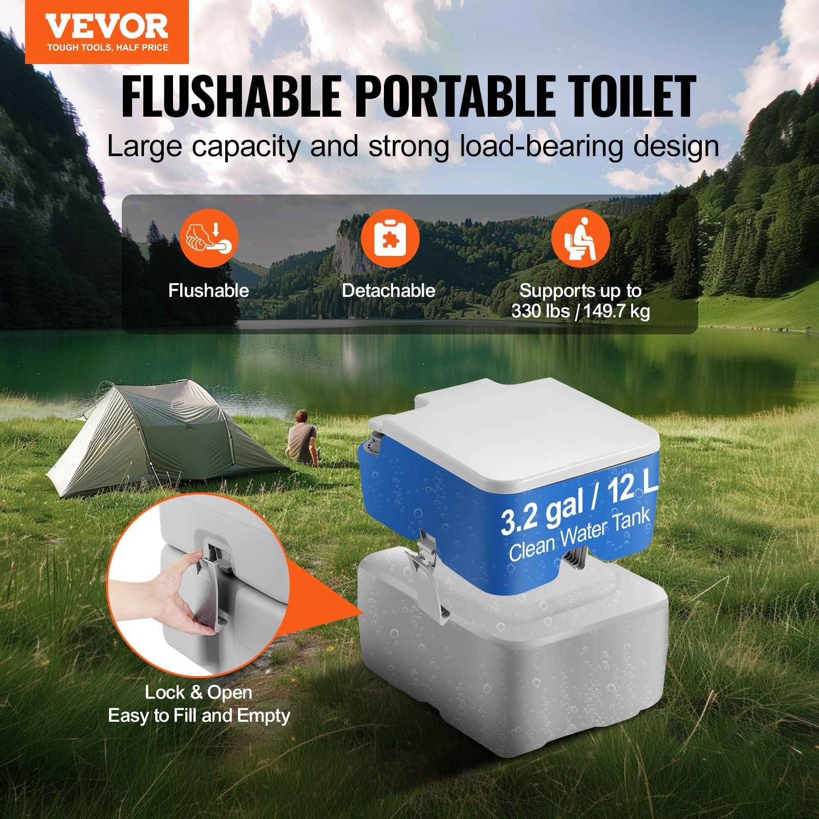 Portable Toilet for Camping, w/Bag, 5.3gal Waste Tank & 3.2gal Flush Tank - BagNook
