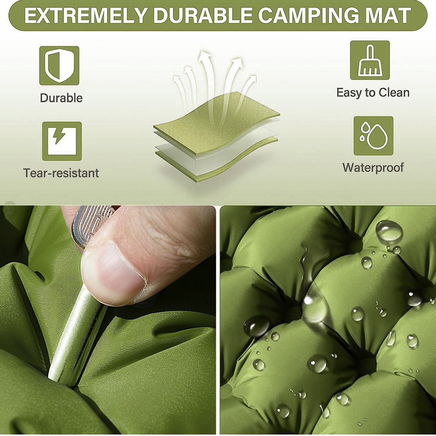 (2-green) Green inflatable camping mattress with a foot pump on a white background - bagNook