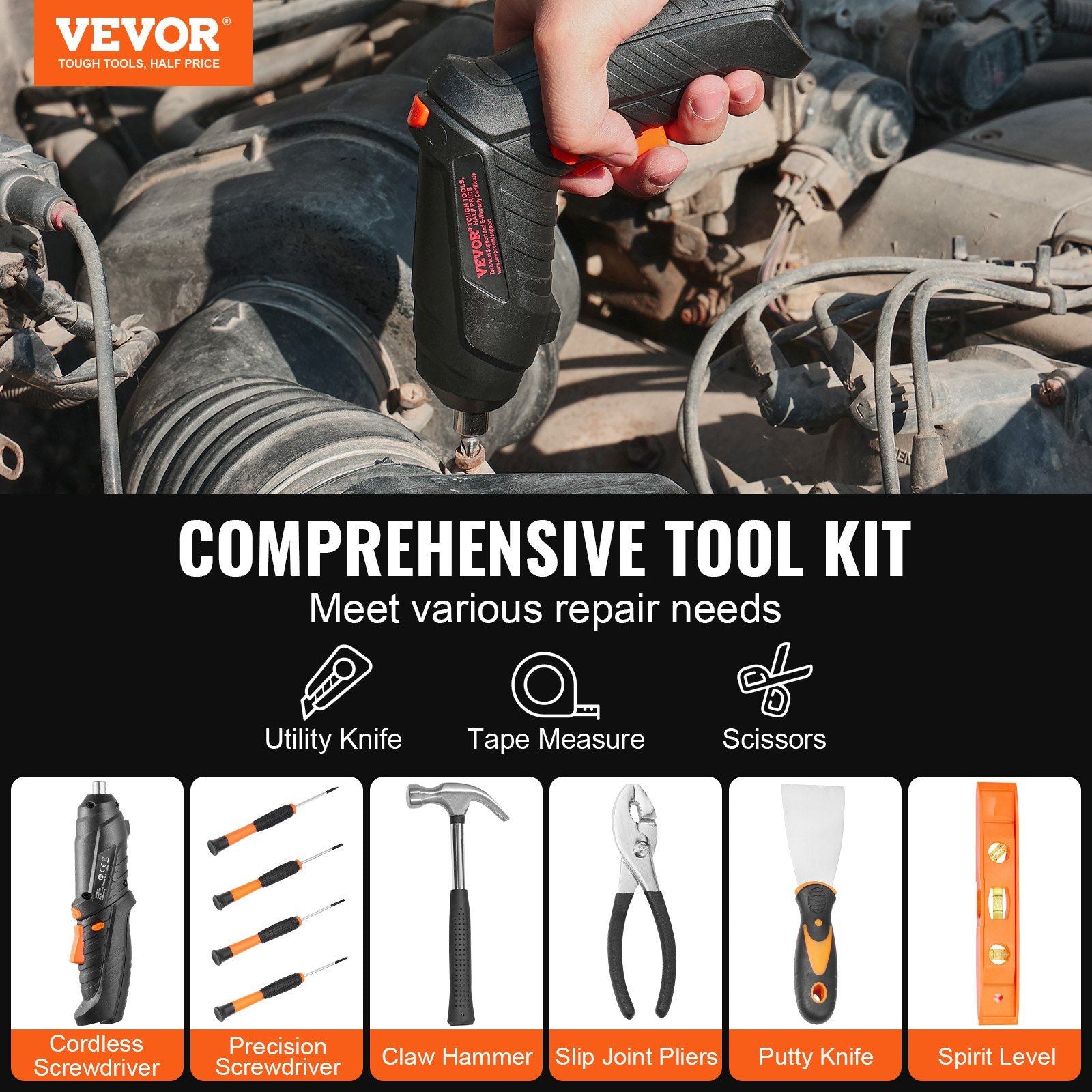 VEVOR 96pc Household Hand Tool Set w/Cordless Screwdriver - BagNook
