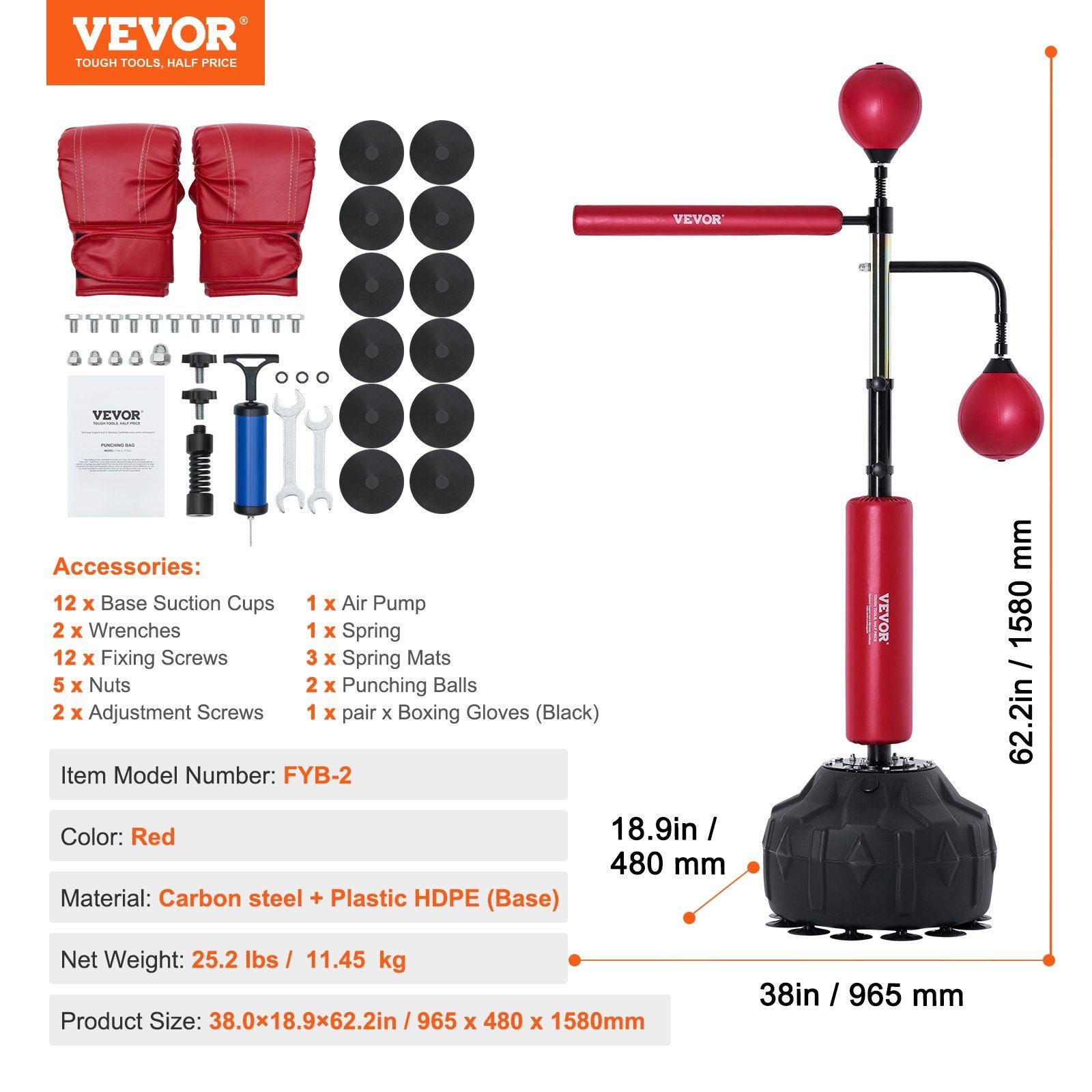 VEVOR Punching Bag with Stand - Height Adjustable, Red - BagNook